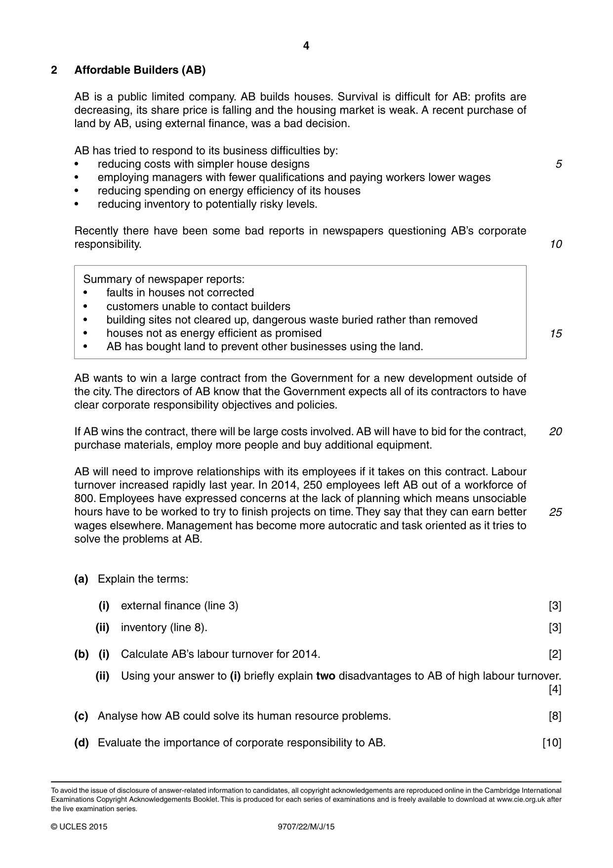 Cambridge A Level Business Studies (for final examination in 2015) 9707 2015 May/June Paper 2 · Variant 2 question paper, page 4 of 4