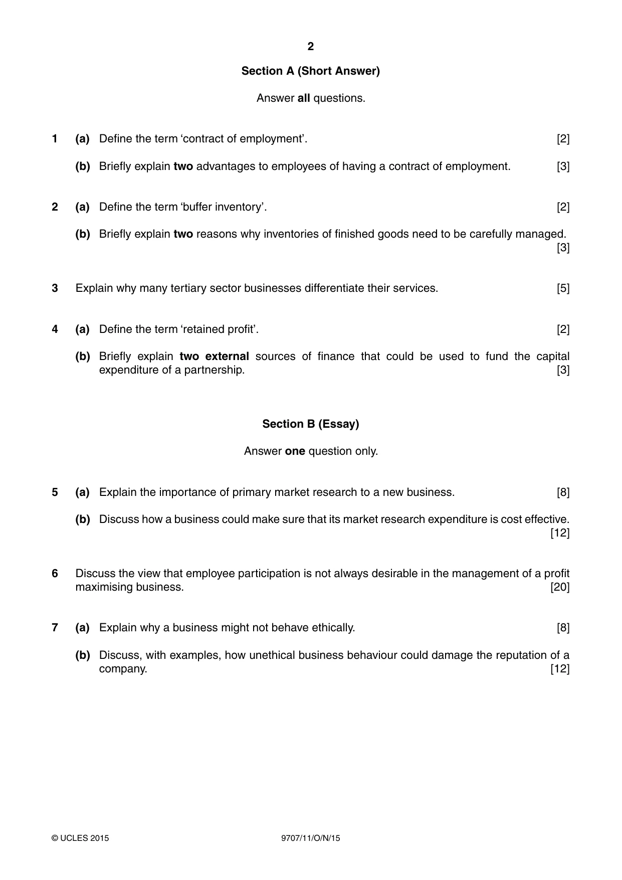 Cambridge A Level Business Studies (for final examination in 2015) 9707 2015 Oct/Nov Paper 1 · Variant 1 question paper, page 2 of 4