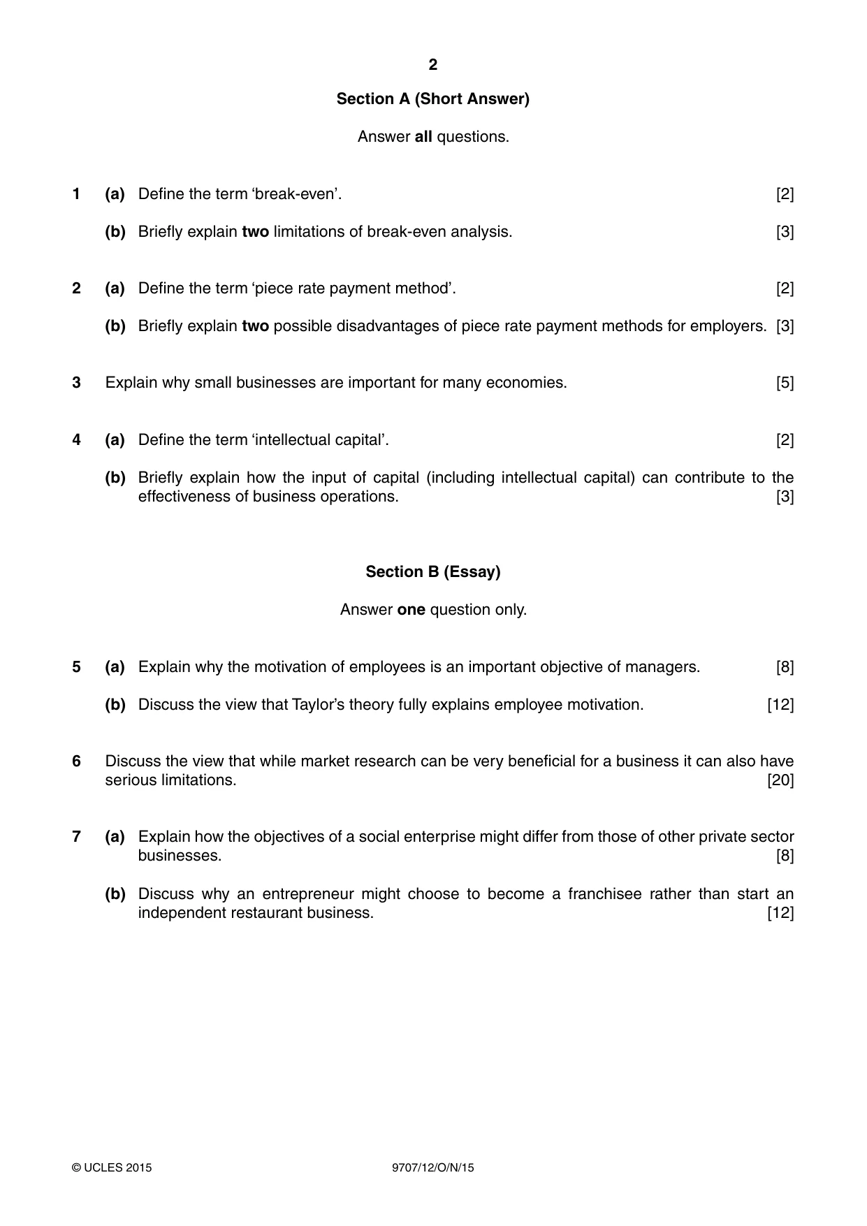 Cambridge A Level Business Studies (for final examination in 2015) 9707 2015 Oct/Nov Paper 1 · Variant 2 question paper, page 2 of 4