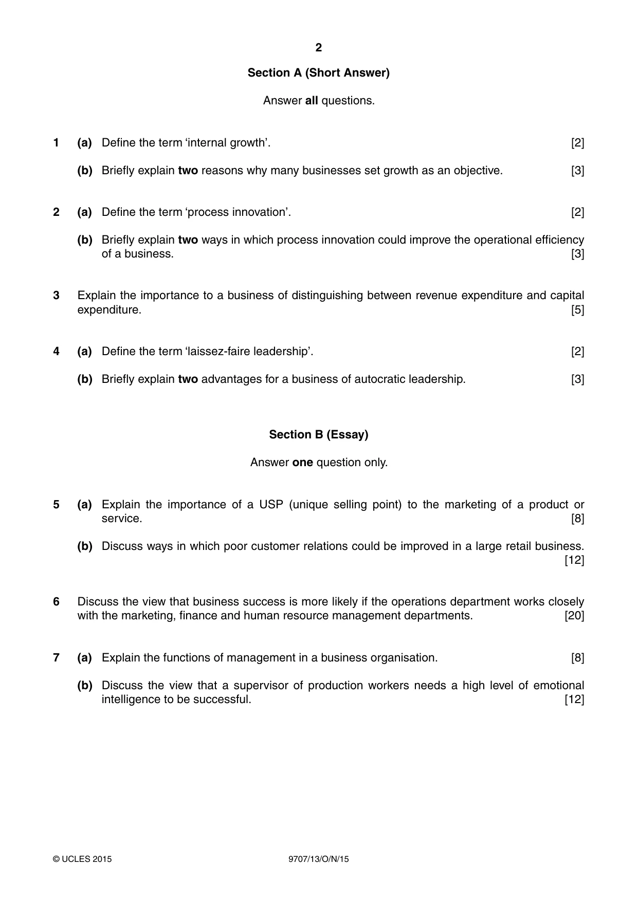 Cambridge A Level Business Studies (for final examination in 2015) 9707 2015 Oct/Nov Paper 1 · Variant 3 question paper, page 2 of 4