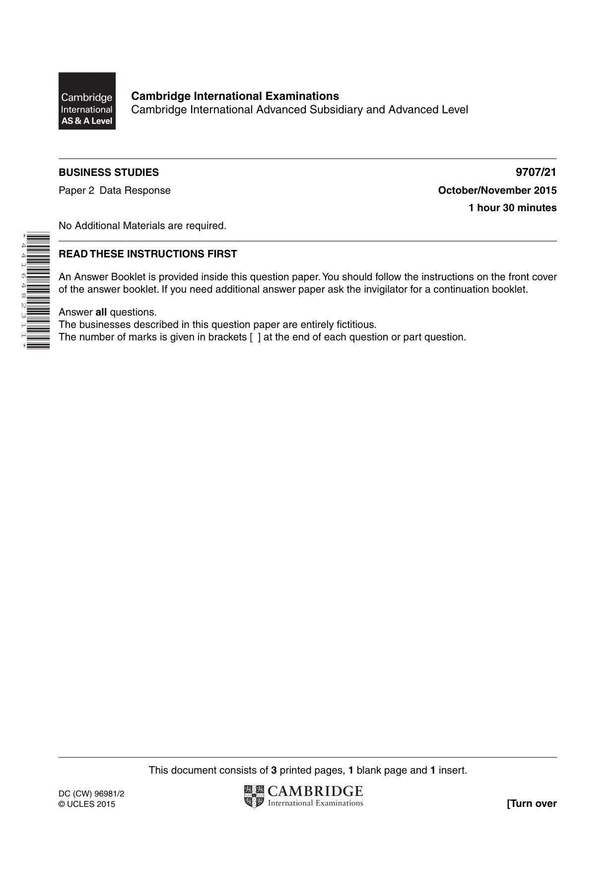 Cambridge A Level Business Studies (for final examination in 2015) 9707 2015 Oct/Nov Paper 2 · Variant 1 question paper, page 1 of 4