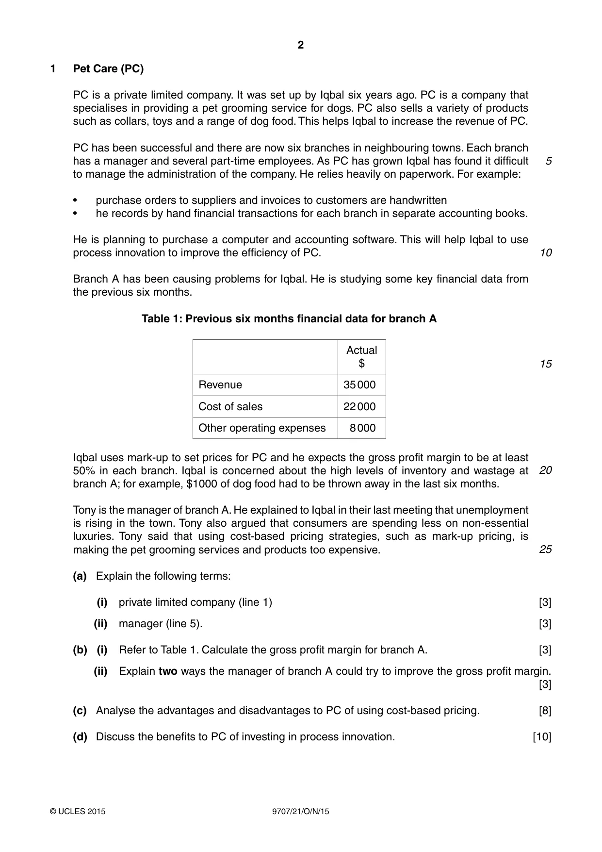 Cambridge A Level Business Studies (for final examination in 2015) 9707 2015 Oct/Nov Paper 2 · Variant 1 question paper, page 2 of 4