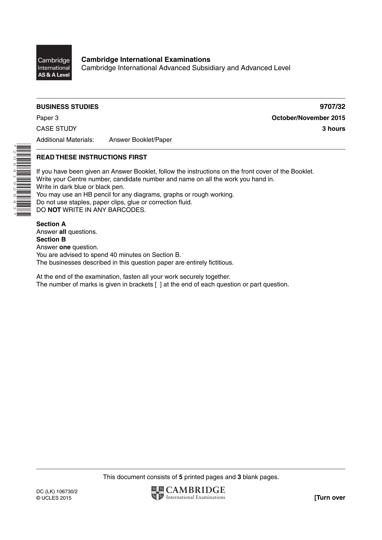 Cambridge A Level Business Studies (for final examination in 2015) 9707 2015 Oct/Nov Paper 3 · Variant 2 question paper, page 1 of 8