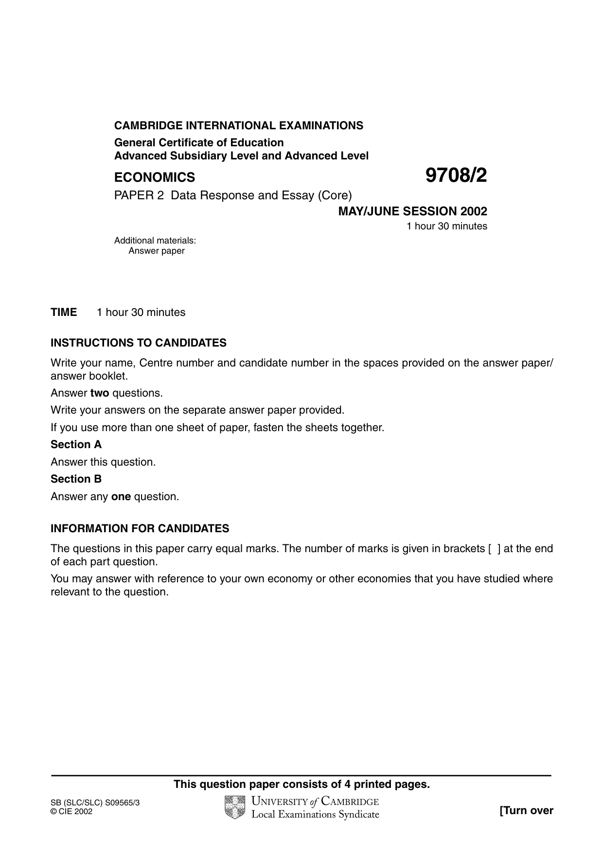 Cambridge A Level Economics 9708 2002 May/June Paper 2 · Variant 1 question paper, page 1 of 4