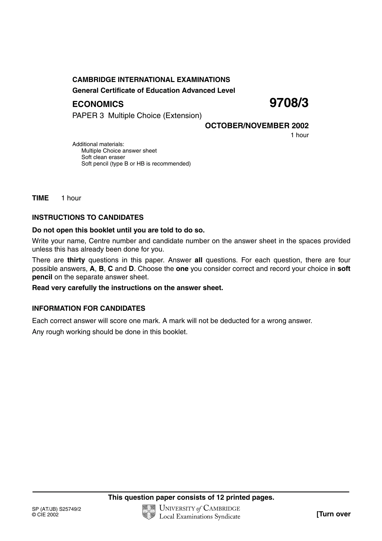 Cambridge A Level Economics 9708 2002 Oct/Nov Paper 3 · Variant 1 question paper, page 1 of 12