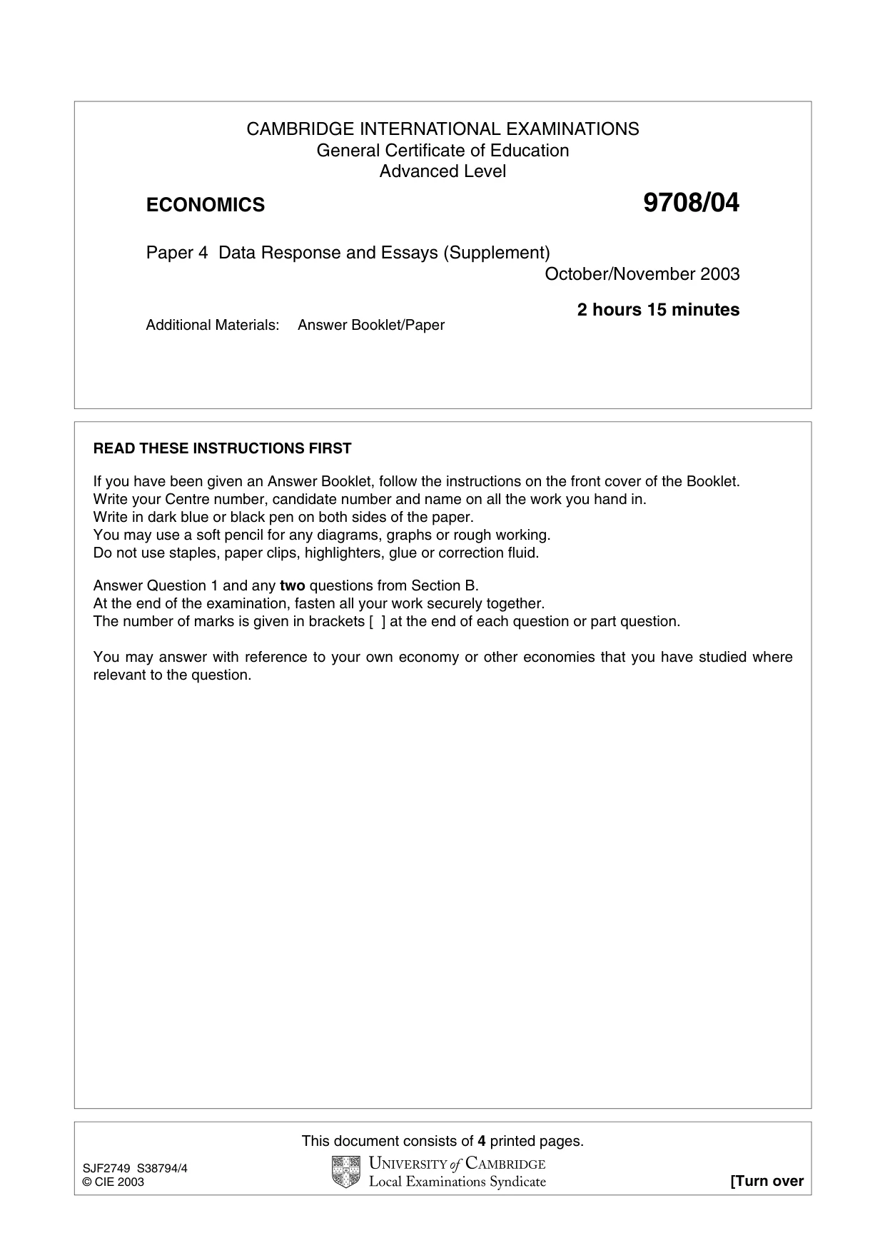 Cambridge A Level Economics 9708 2003 Oct/Nov Paper 4 · Variant 1 question paper, page 1 of 4