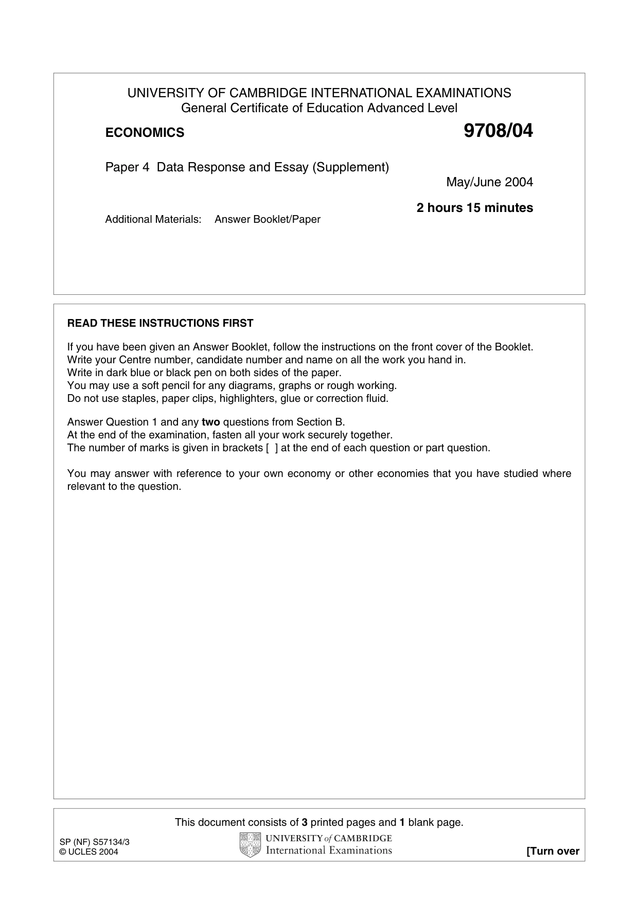 Cambridge A Level Economics 9708 2004 May/June Paper 4 · Variant 1 question paper, page 1 of 4