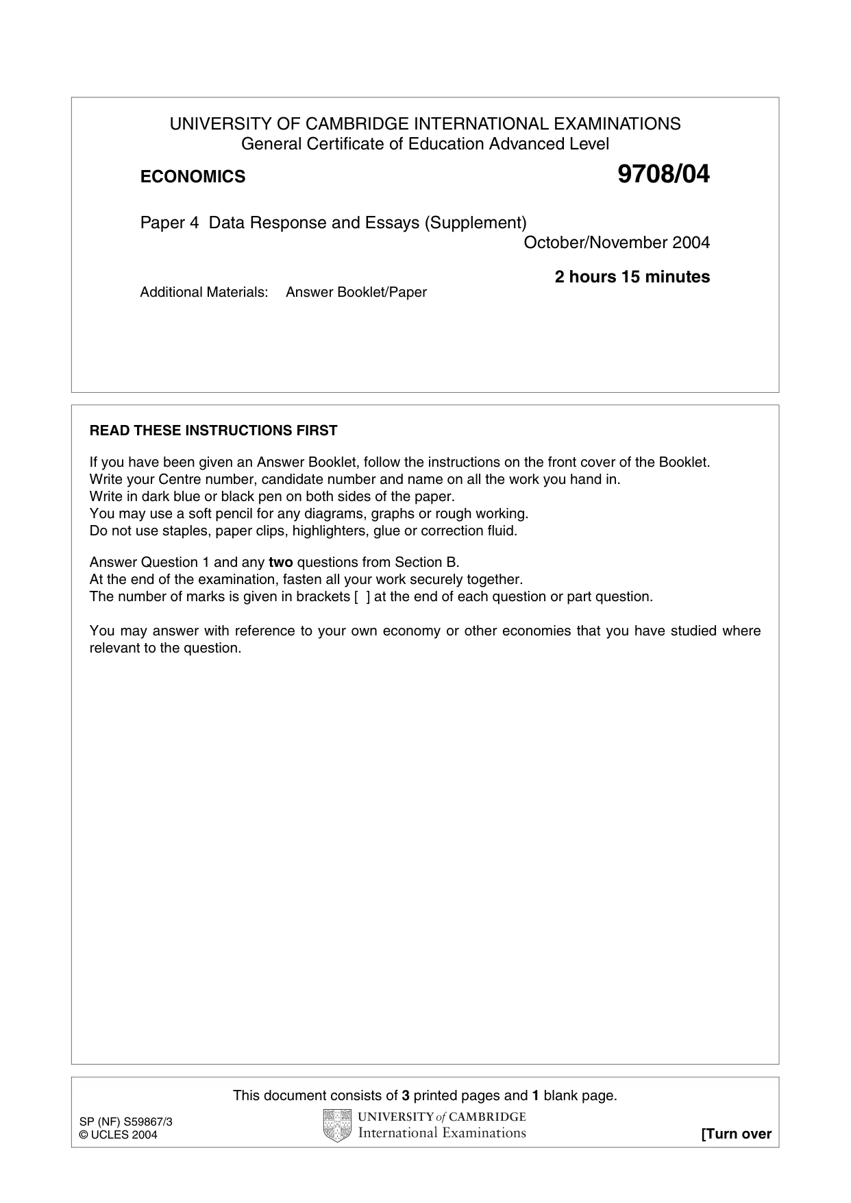 Cambridge A Level Economics 9708 2004 Oct/Nov Paper 4 · Variant 1 question paper, page 1 of 4