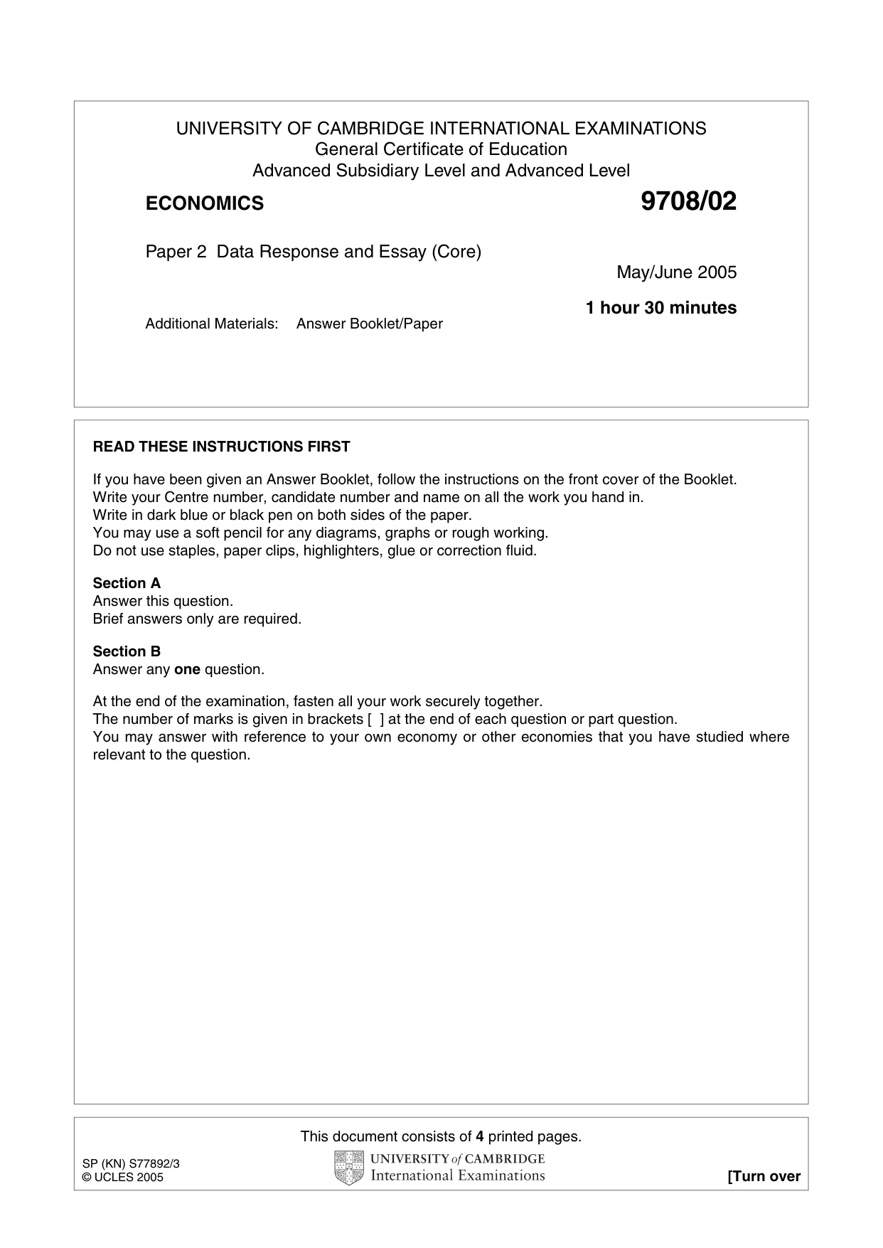 Cambridge A Level Economics 9708 2005 May/June Paper 2 · Variant 1 question paper, page 1 of 4