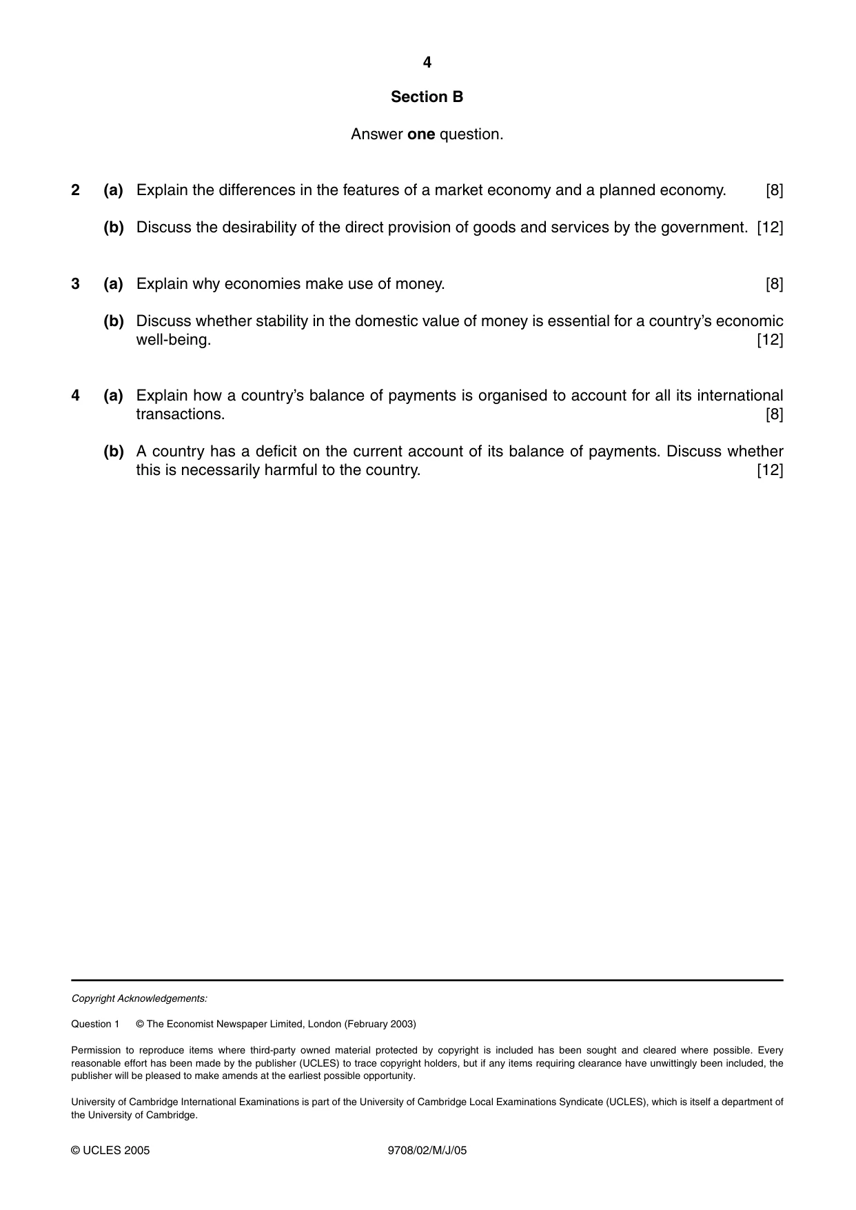 Cambridge A Level Economics 9708 2005 May/June Paper 2 · Variant 1 question paper, page 4 of 4