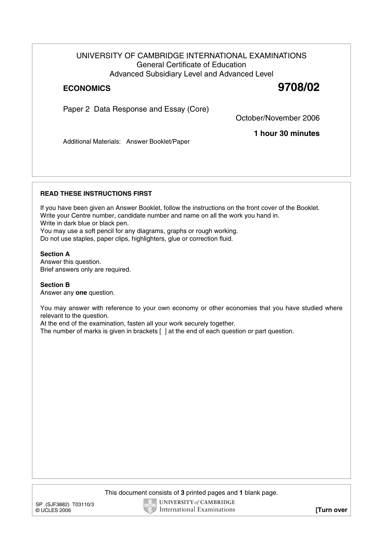 Cambridge A Level Economics 9708 2006 Oct/Nov Paper 2 · Variant 1 question paper, page 1 of 4