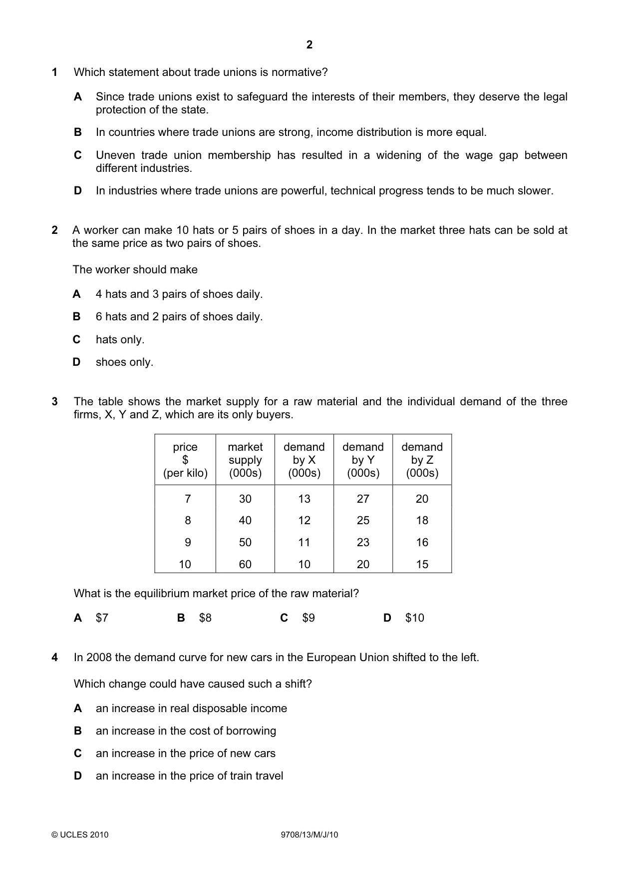 Cambridge A Level Economics 9708 2010 May/June Paper 1 · Variant 3 question paper, page 2 of 12