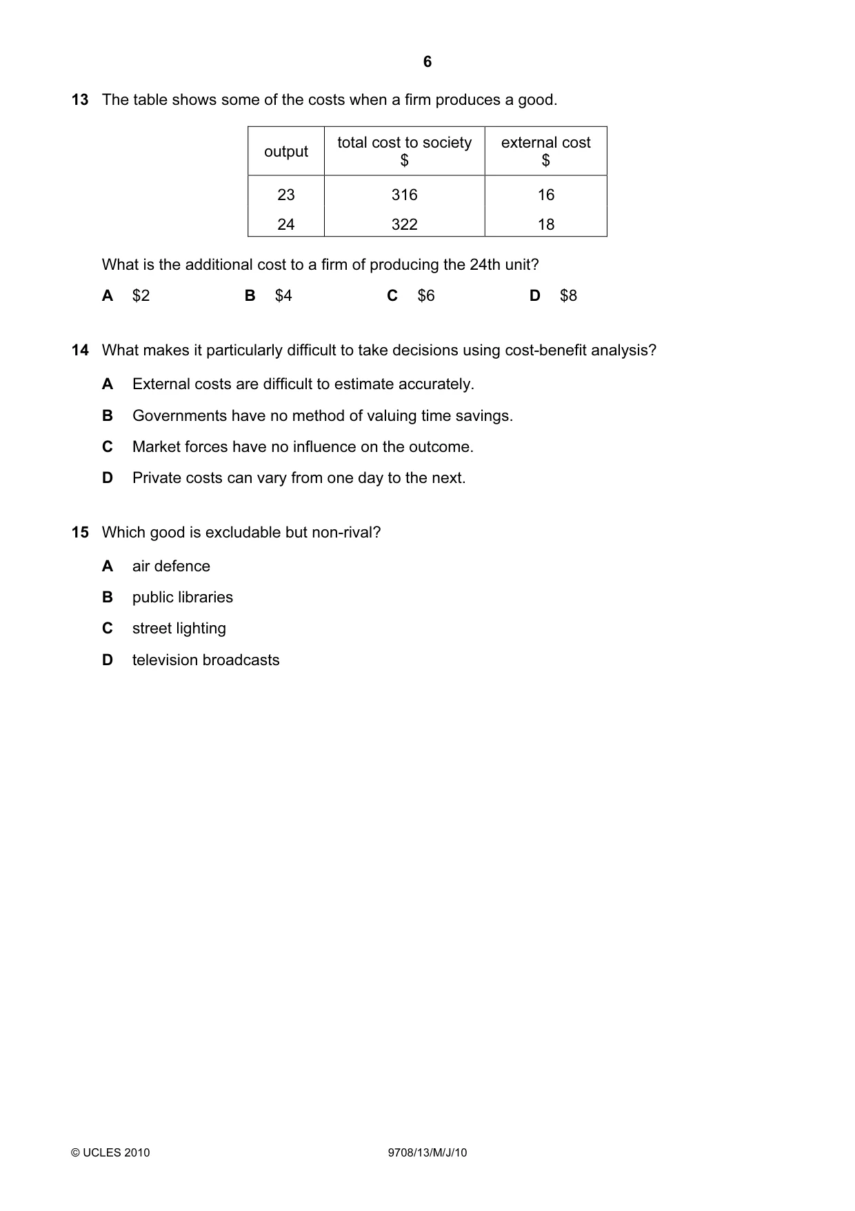 Cambridge A Level Economics 9708 2010 May/June Paper 1 · Variant 3 question paper, page 6 of 12
