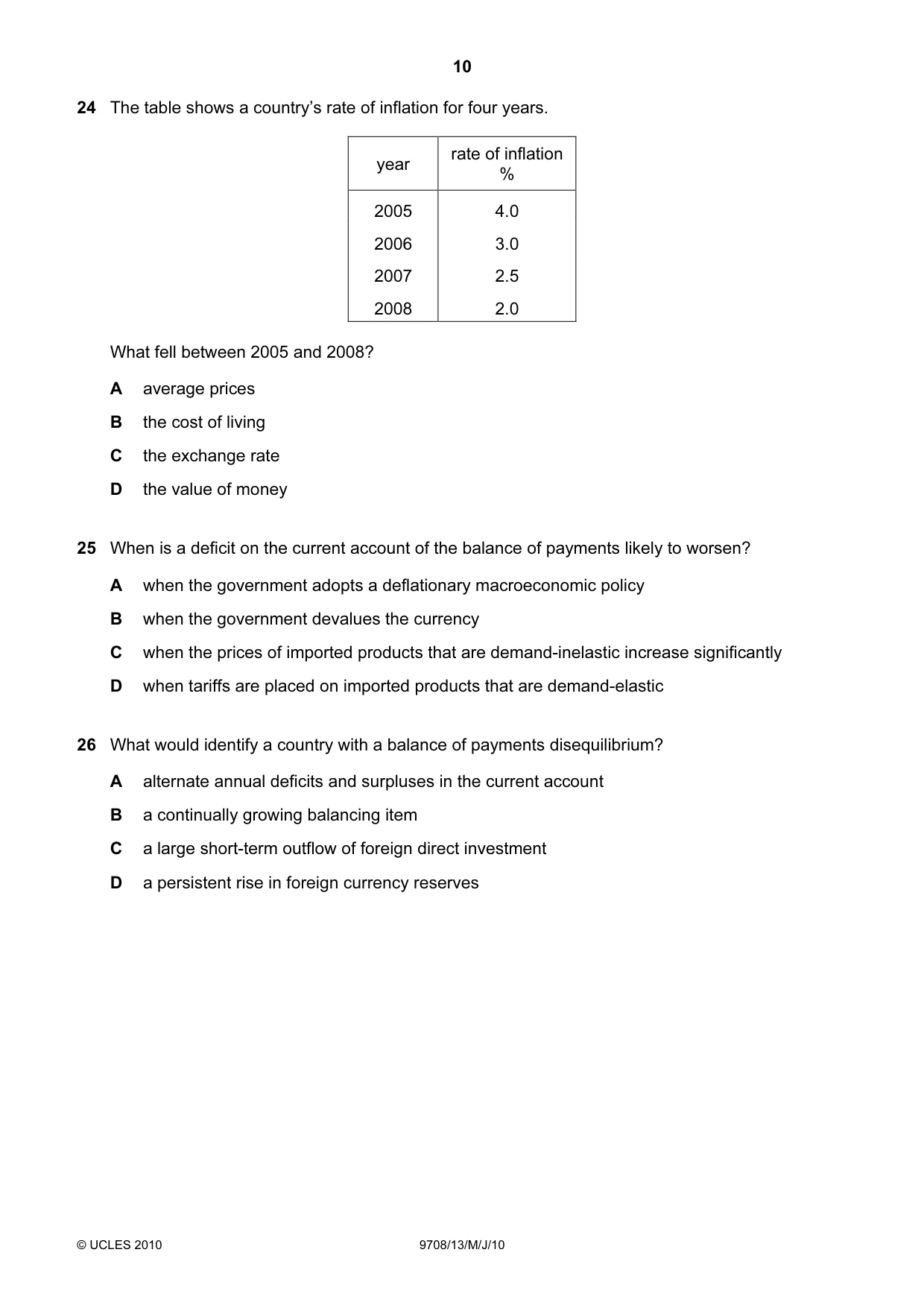 Cambridge A Level Economics 9708 2010 May/June Paper 1 · Variant 3 question paper, page 10 of 12