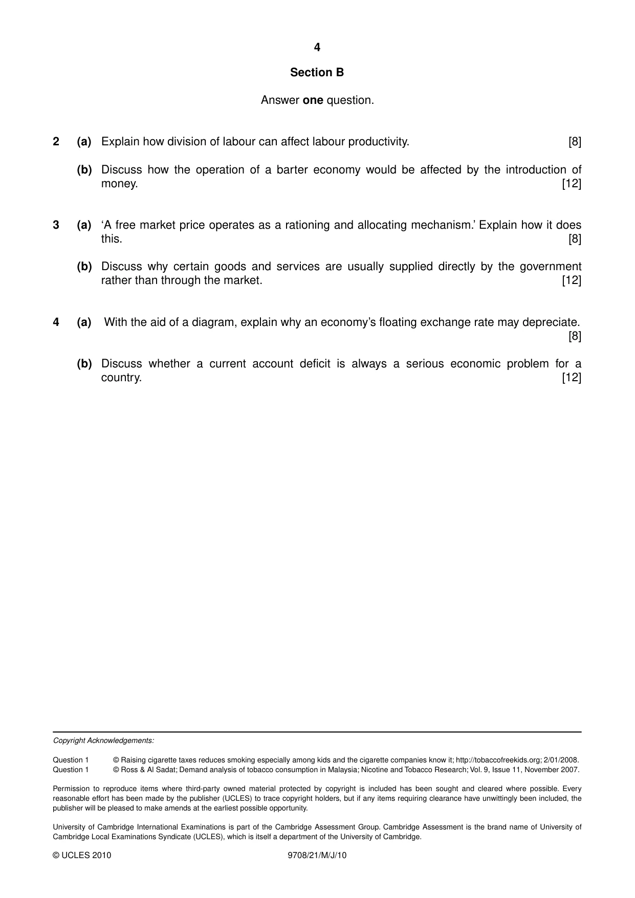 Cambridge A Level Economics 9708 2010 May/June Paper 2 · Variant 1 question paper, page 4 of 4