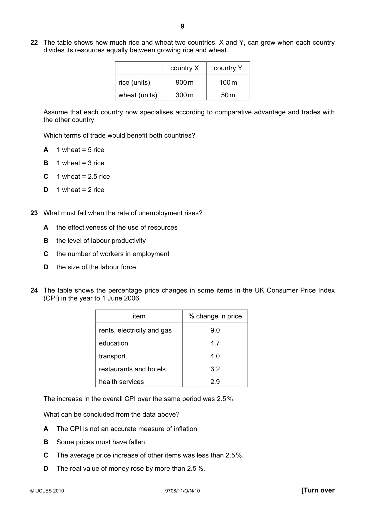 Cambridge A Level Economics 9708 2010 Oct/Nov Paper 1 · Variant 1 question paper, page 9 of 12