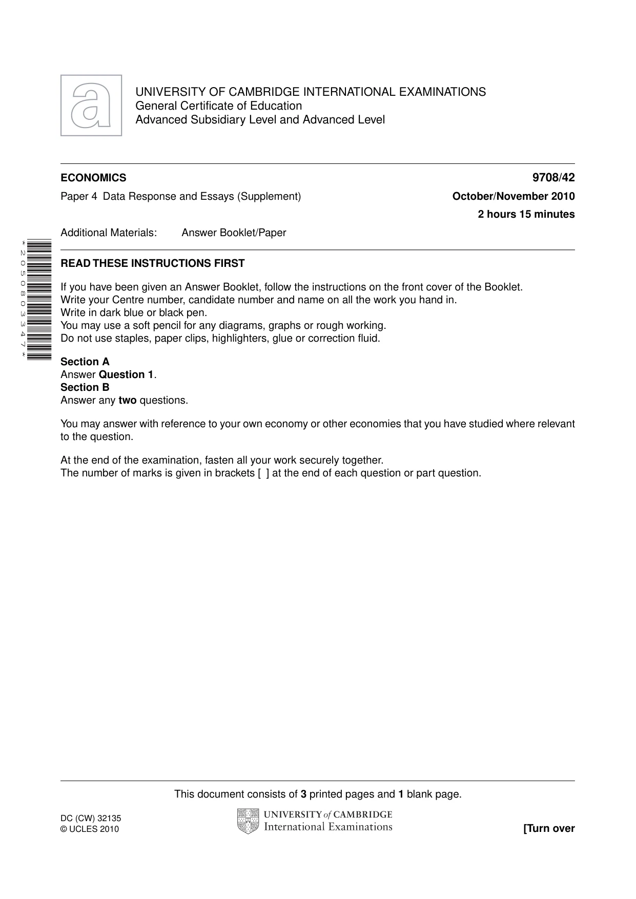 Cambridge A Level Economics 9708 2010 Oct/Nov Paper 4 · Variant 2 question paper, page 1 of 4