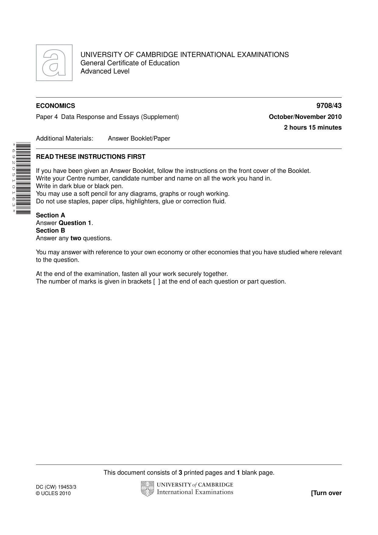 Cambridge A Level Economics 9708 2010 Oct/Nov Paper 4 · Variant 3 question paper, page 1 of 4