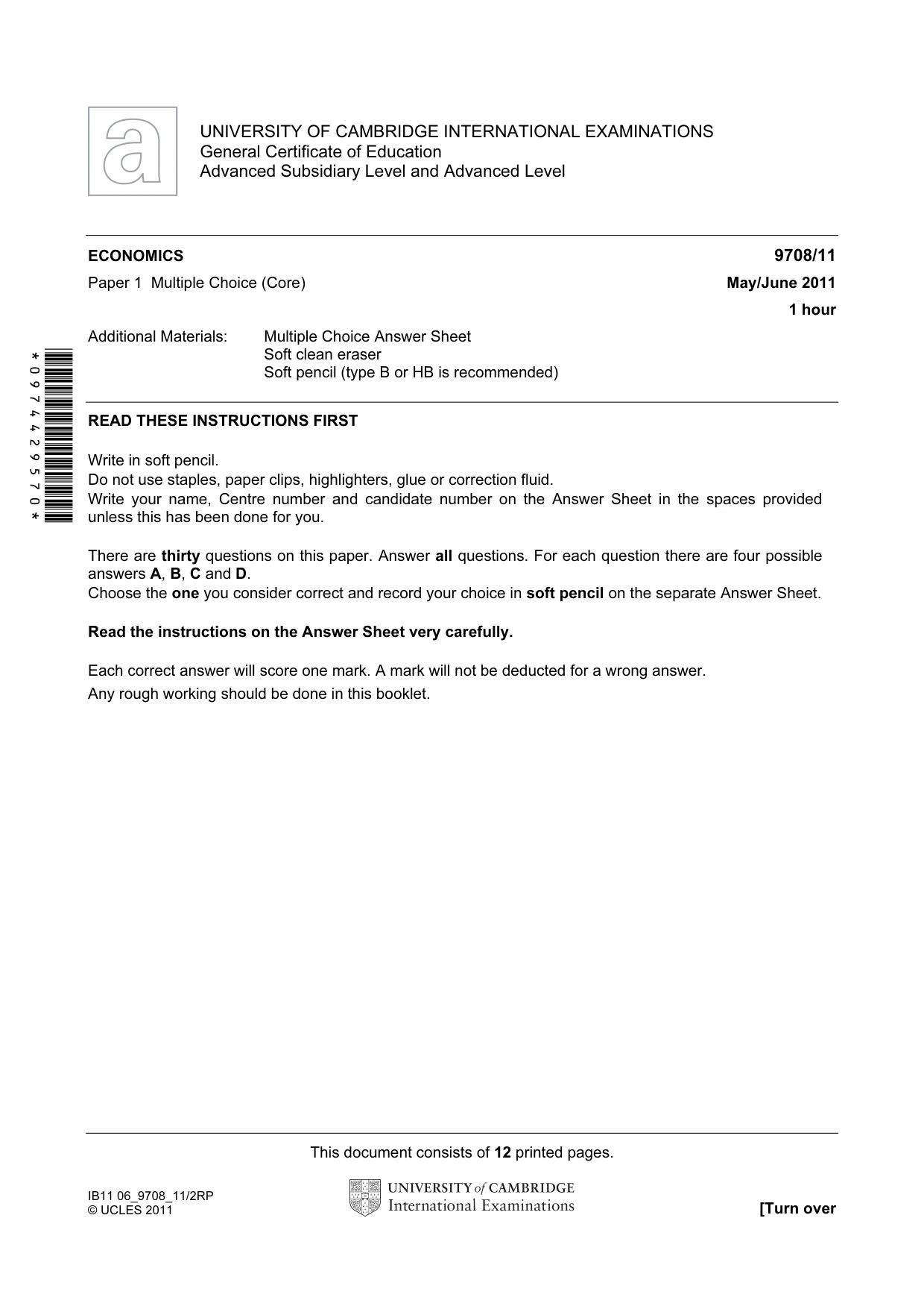 Cambridge A Level Economics 9708 2011 May/June Paper 1 · Variant 1 question paper, page 1 of 12