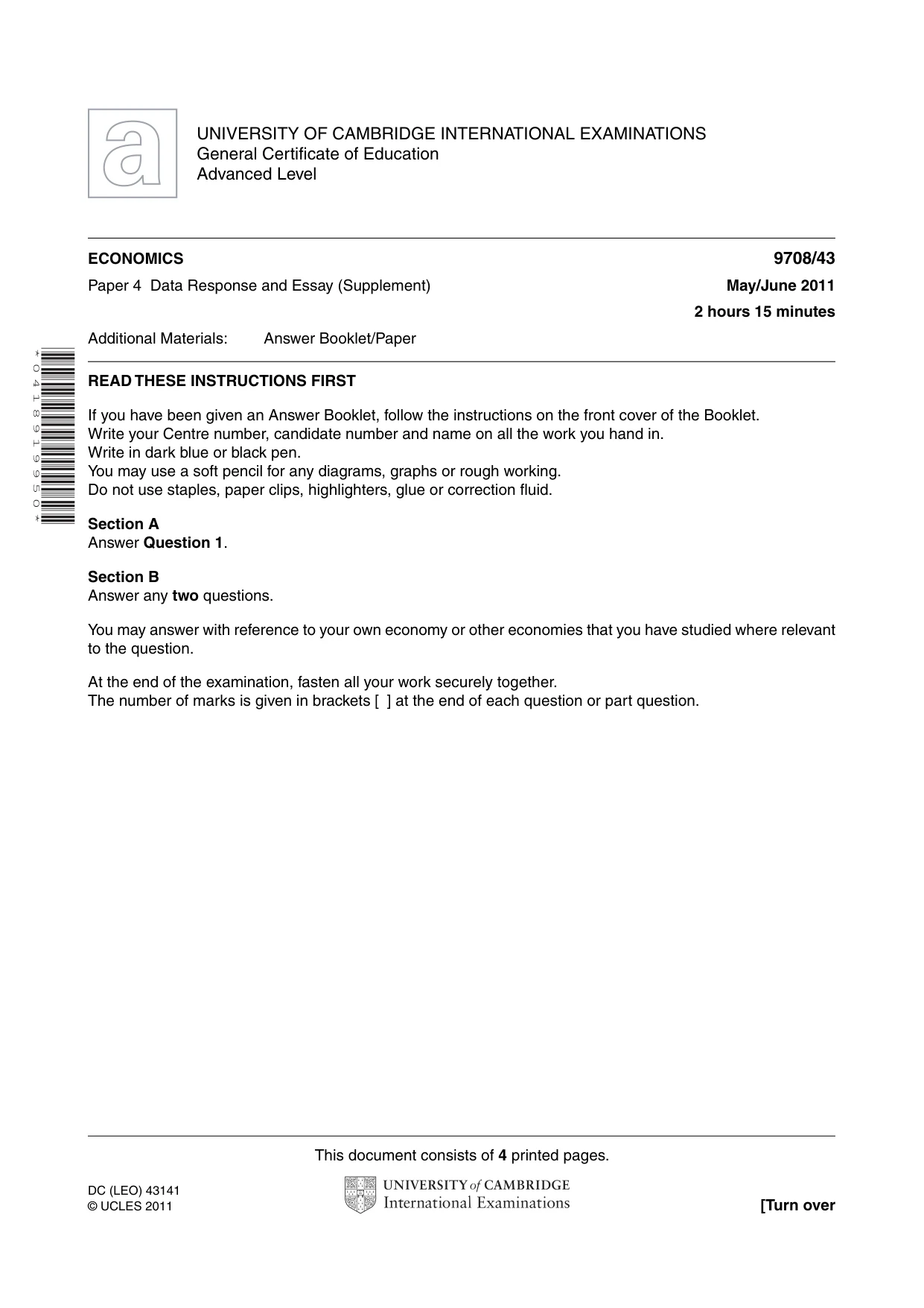 Cambridge A Level Economics 9708 2011 May/June Paper 4 · Variant 3 question paper, page 1 of 4