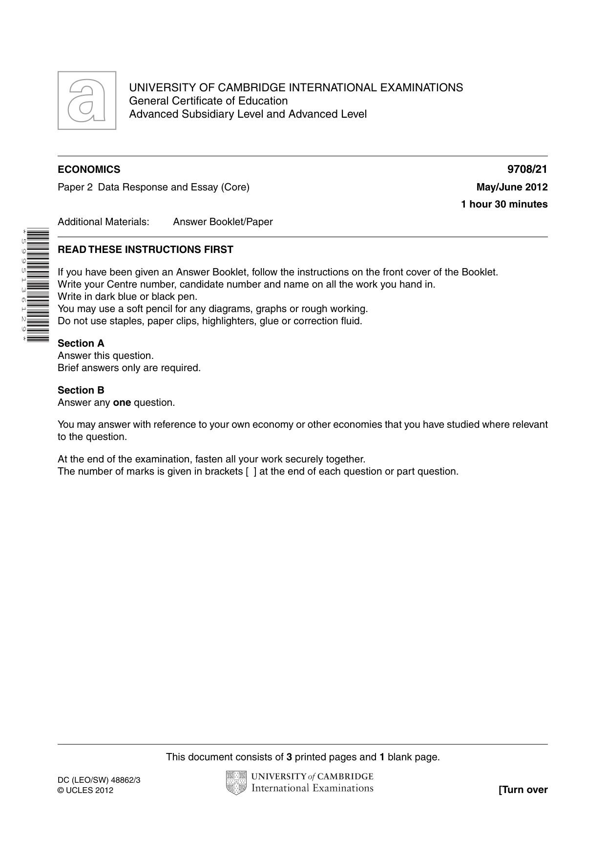 Cambridge A Level Economics 9708 2012 May/June Paper 2 · Variant 1 question paper, page 1 of 4
