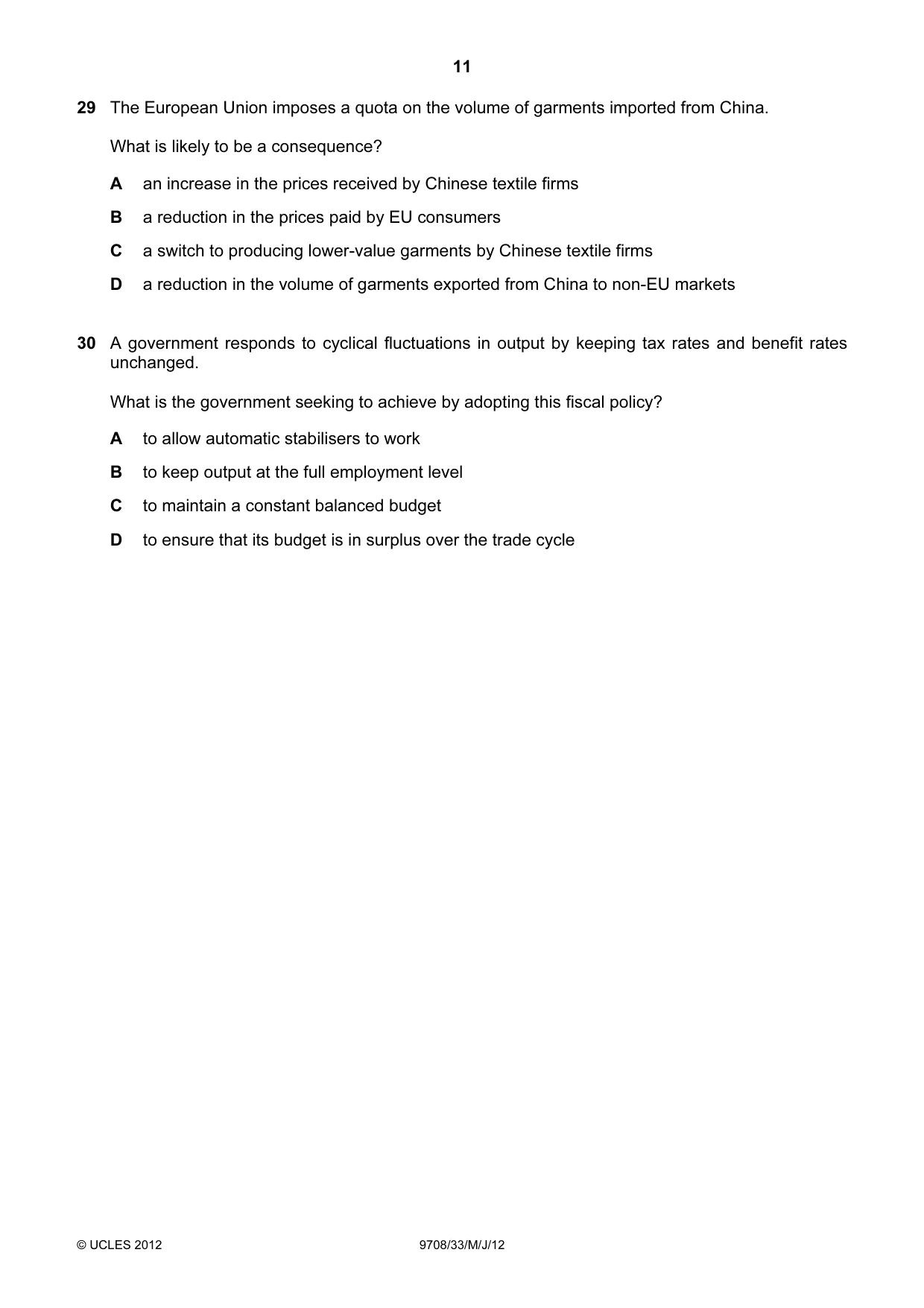 Cambridge A Level Economics 9708 2012 May/June Paper 3 · Variant 3 question paper, page 11 of 12