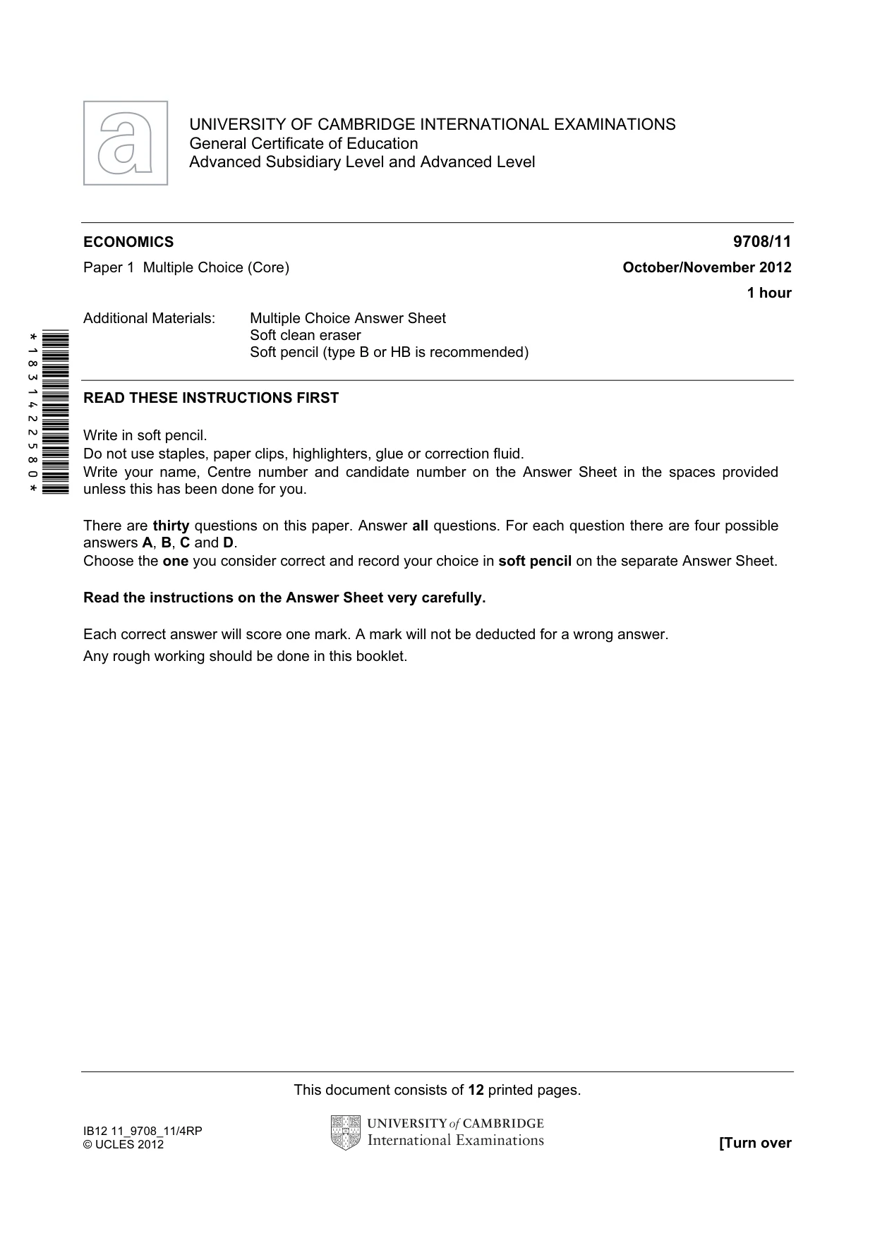 Cambridge A Level Economics 9708 2012 Oct/Nov Paper 1 · Variant 1 question paper, page 1 of 12