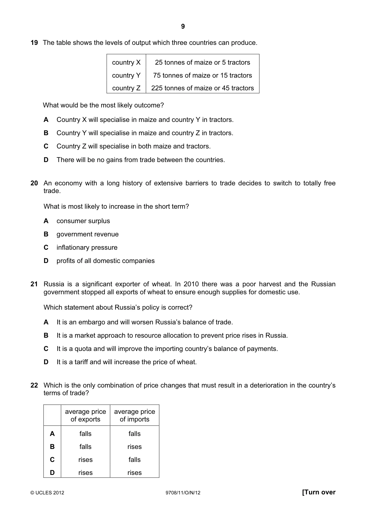 Cambridge A Level Economics 9708 2012 Oct/Nov Paper 1 · Variant 1 question paper, page 9 of 12