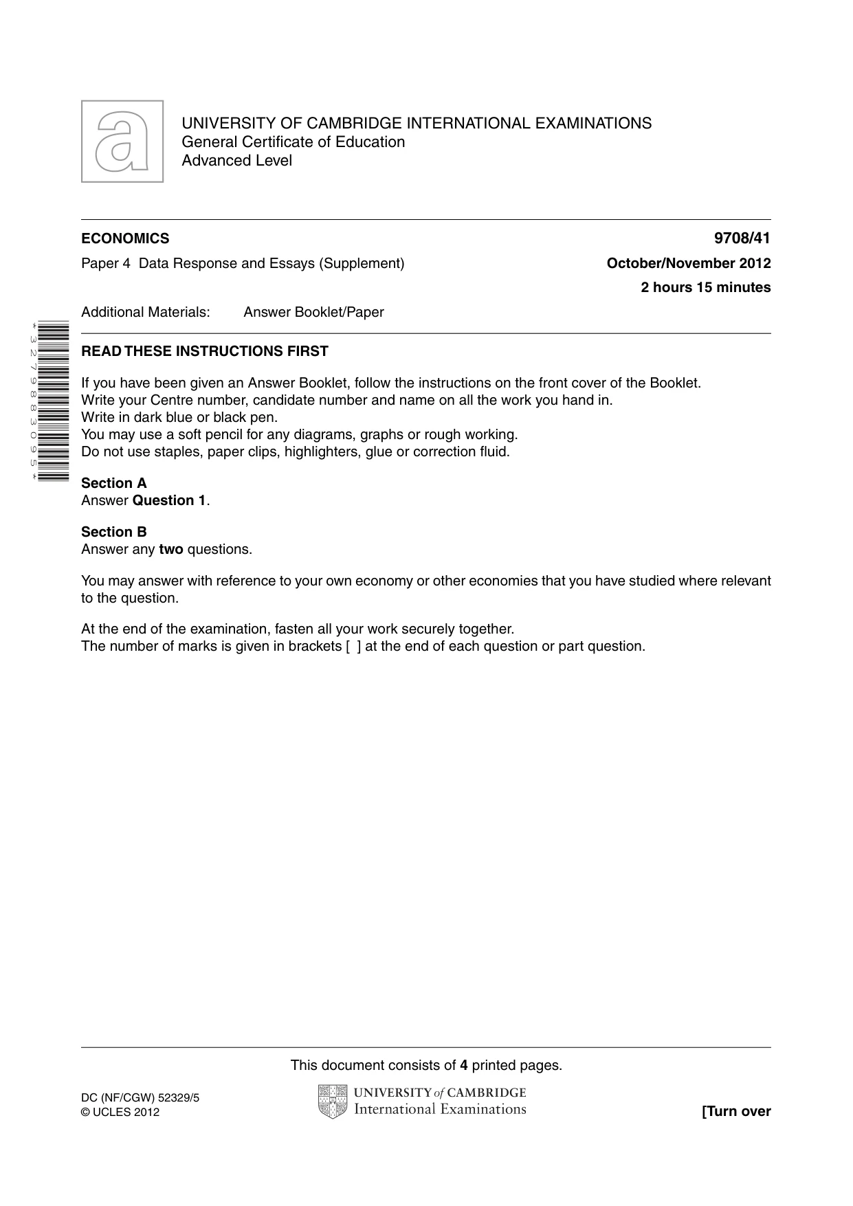 Cambridge A Level Economics 9708 2012 Oct/Nov Paper 4 · Variant 1 question paper, page 1 of 4