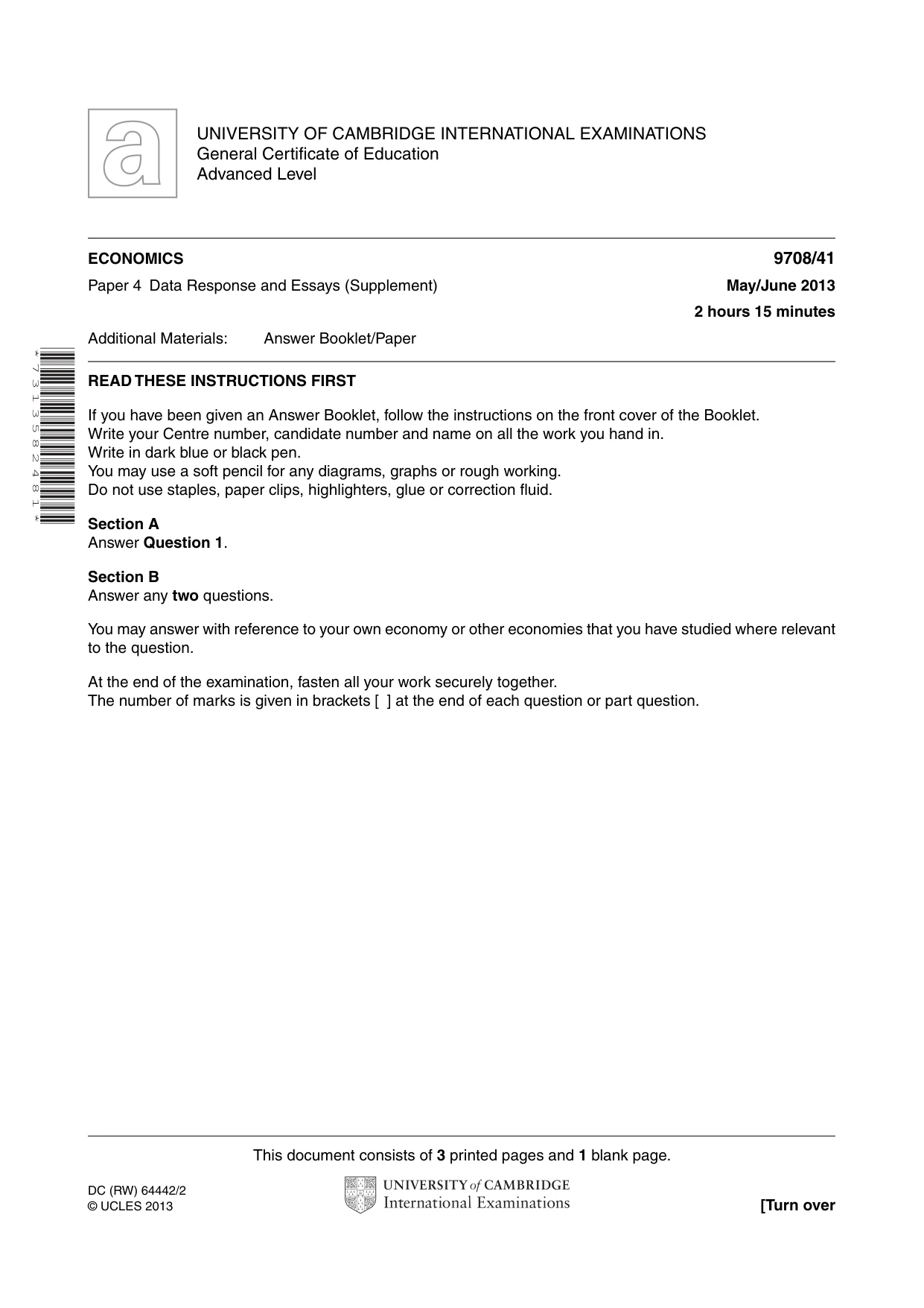 Cambridge A Level Economics 9708 2013 May/June Paper 4 · Variant 1 question paper, page 1 of 4