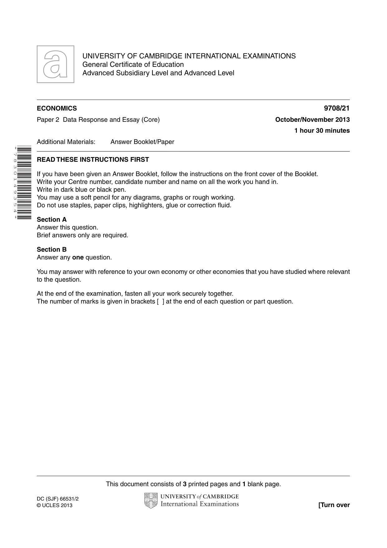 Cambridge A Level Economics 9708 2013 Oct/Nov Paper 2 · Variant 1 question paper, page 1 of 4