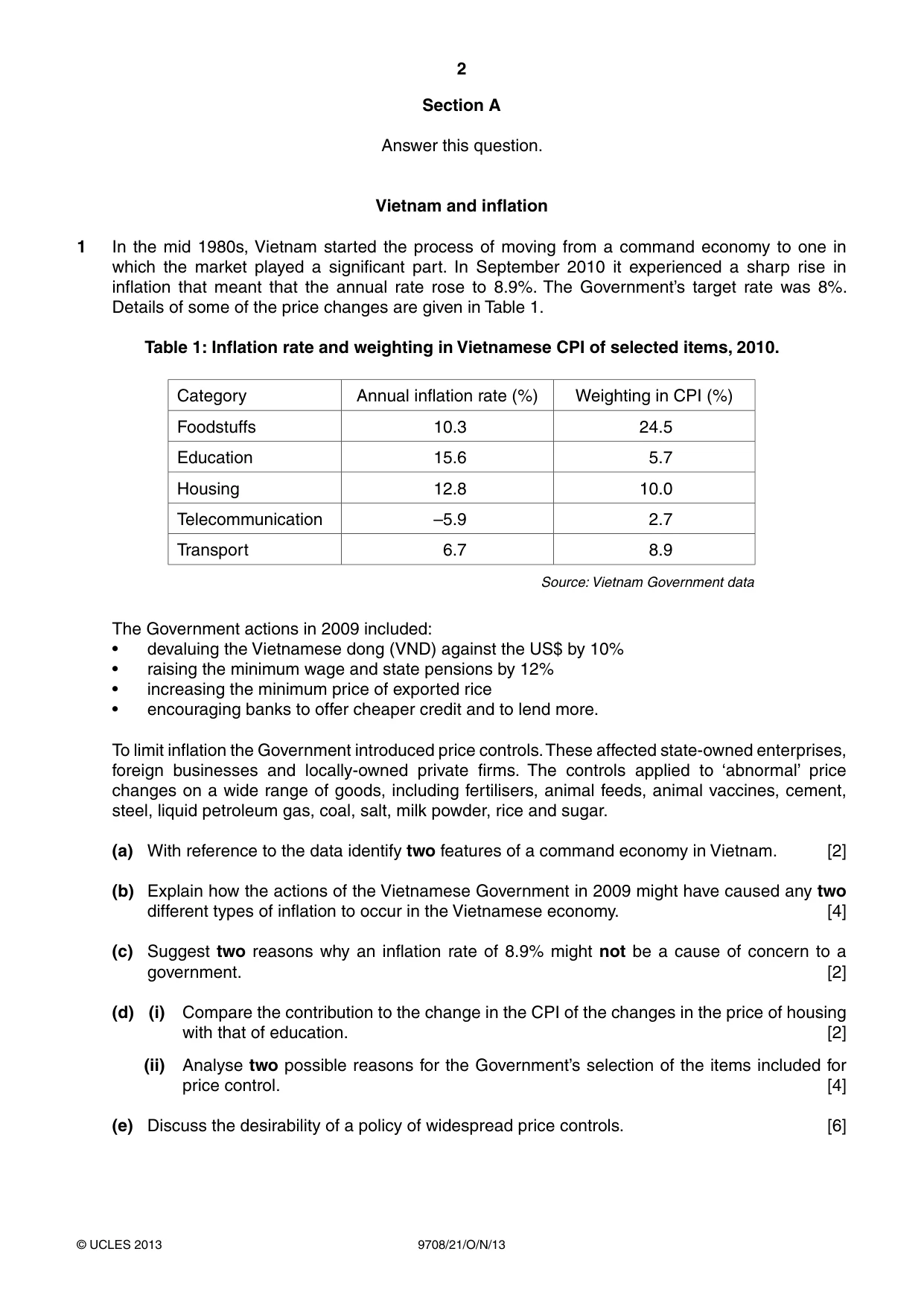 Cambridge A Level Economics 9708 2013 Oct/Nov Paper 2 · Variant 1 question paper, page 2 of 4
