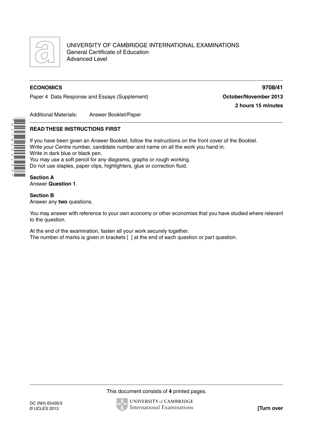 Cambridge A Level Economics 9708 2013 Oct/Nov Paper 4 · Variant 1 question paper, page 1 of 4