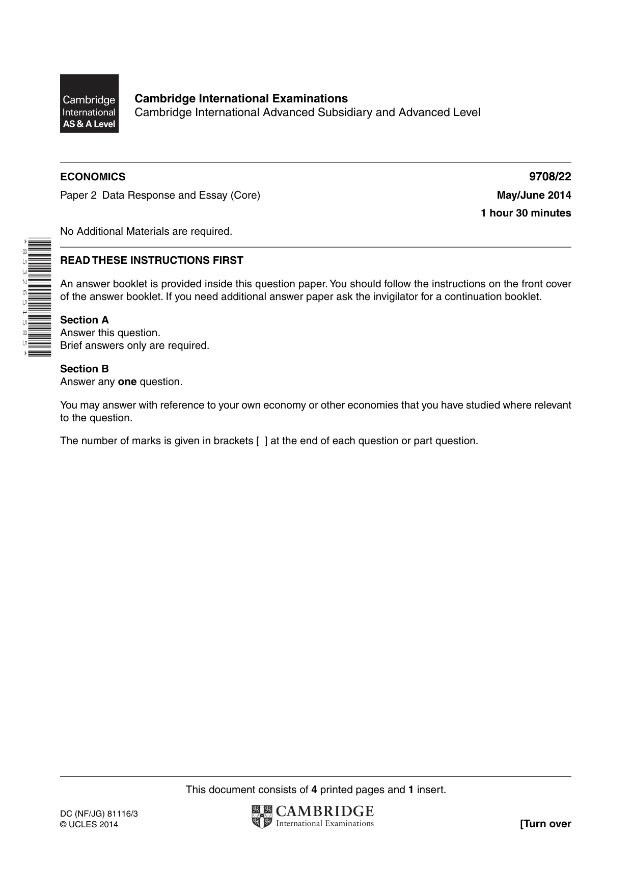 Cambridge A Level Economics 9708 2014 May/June Paper 2 · Variant 2 question paper, page 1 of 4