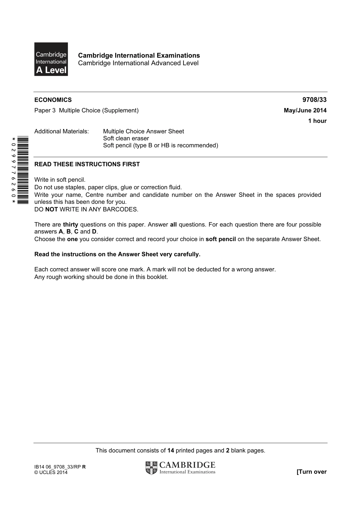 Cambridge A Level Economics 9708 2014 May/June Paper 3 · Variant 3 question paper, page 1 of 16