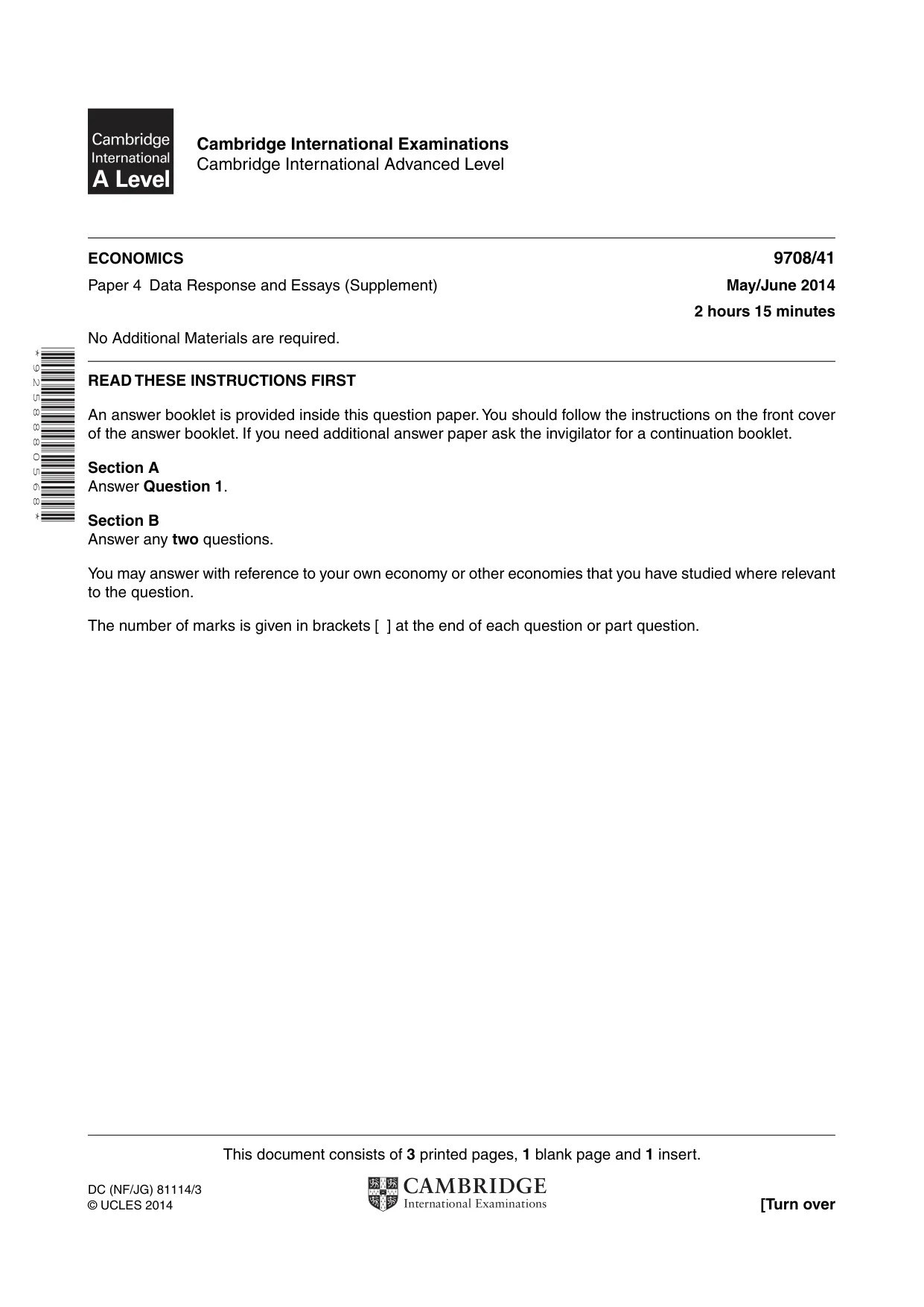Cambridge A Level Economics 9708 2014 May/June Paper 4 · Variant 1 question paper, page 1 of 4