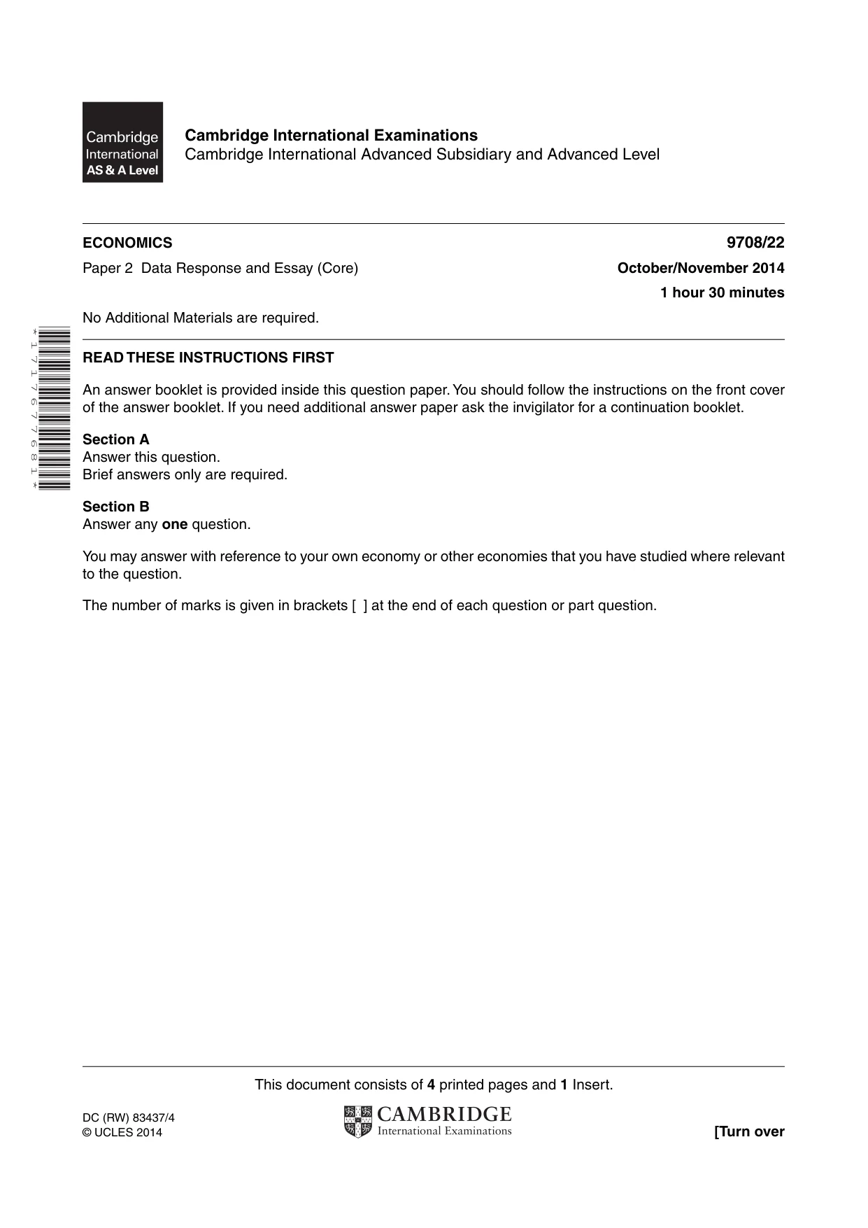Cambridge A Level Economics 9708 2014 Oct/Nov Paper 2 · Variant 2 question paper, page 1 of 4
