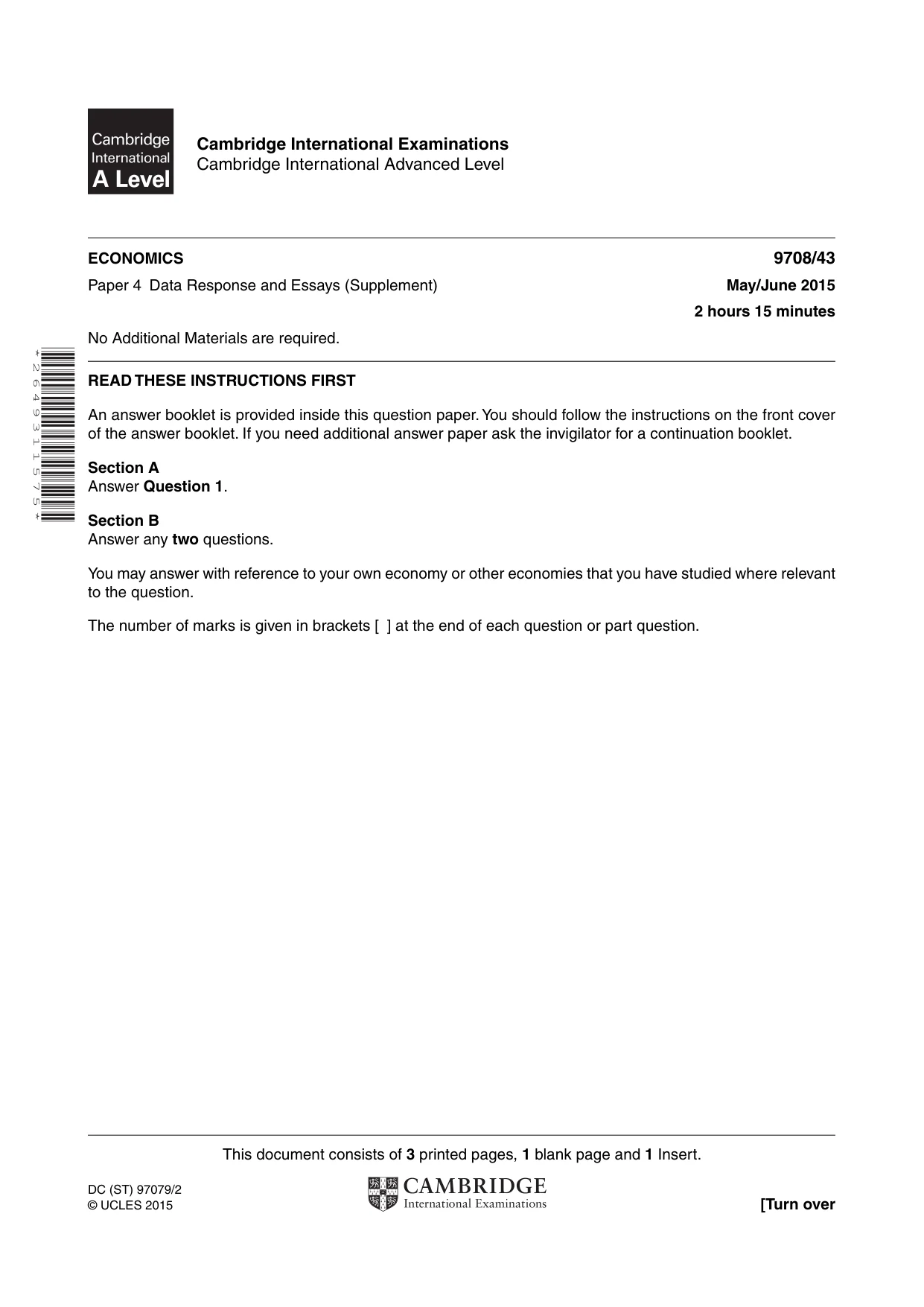 Cambridge A Level Economics 9708 2015 May/June Paper 4 · Variant 3 question paper, page 1 of 4