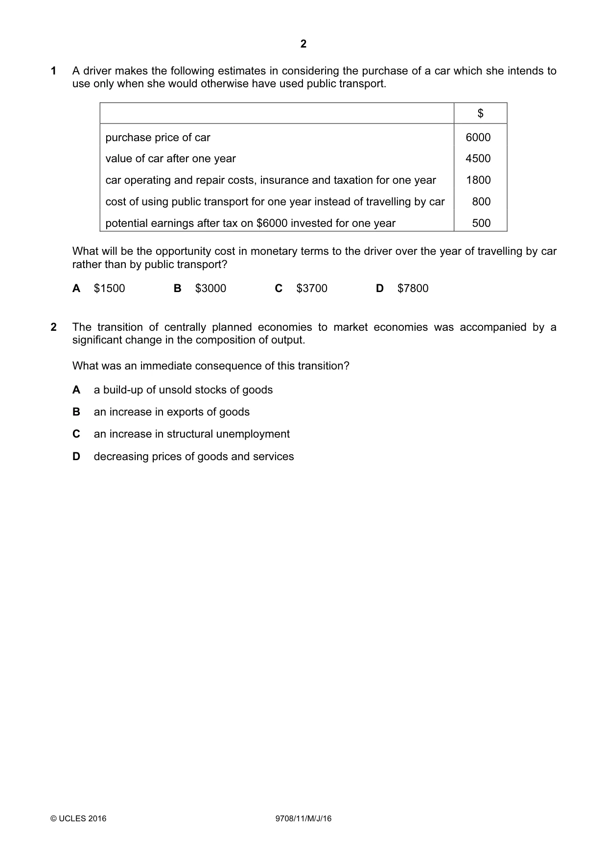Cambridge A Level Economics 9708 2016 May/June Paper 1 · Variant 1 question paper, page 2 of 16