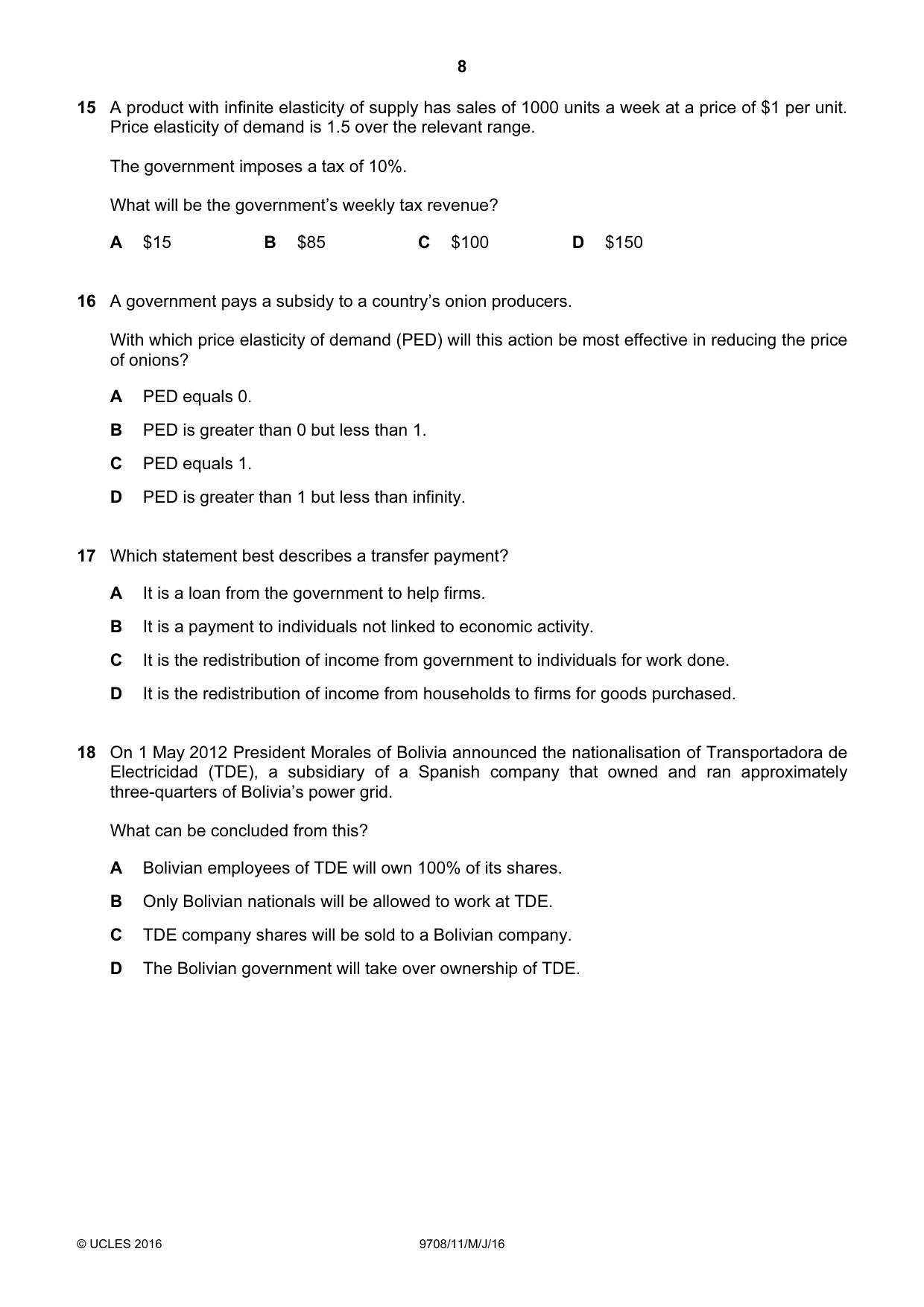 Cambridge A Level Economics 9708 2016 May/June Paper 1 · Variant 1 question paper, page 8 of 16