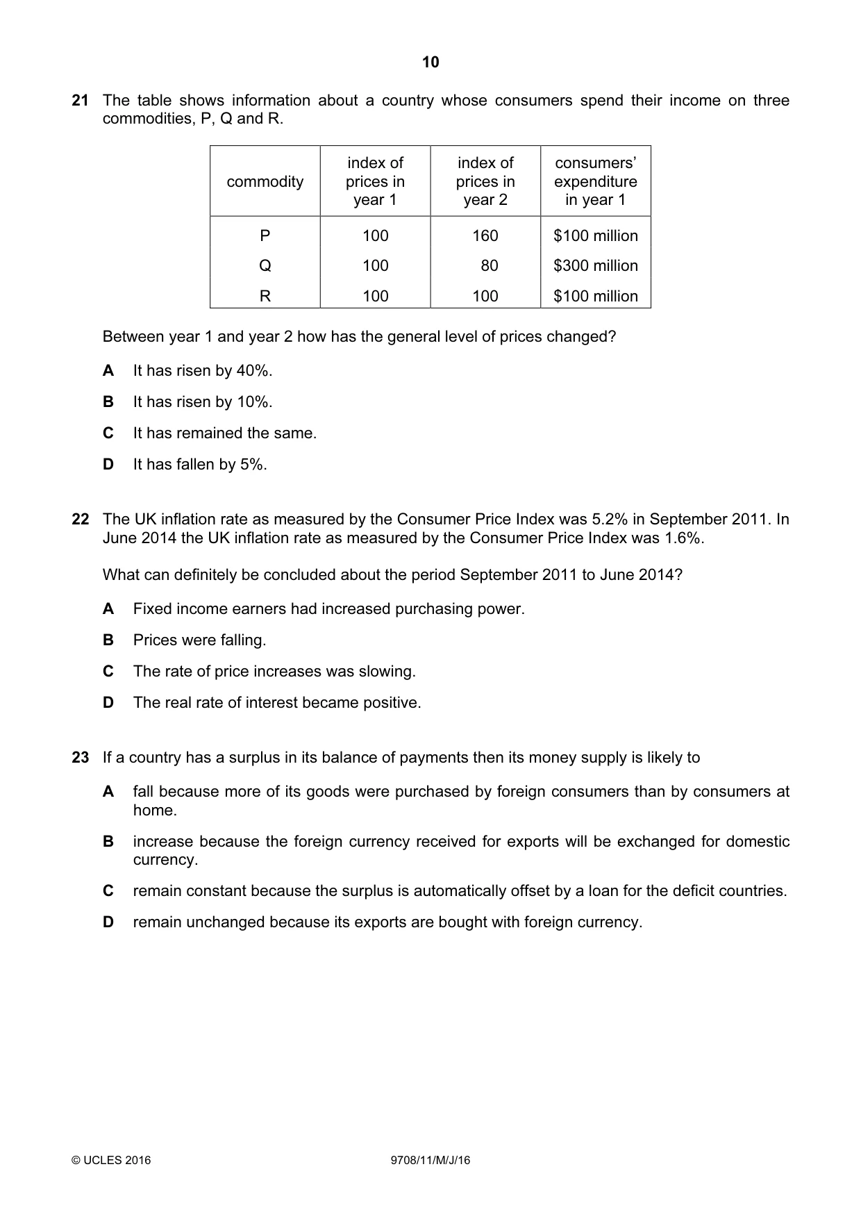 Cambridge A Level Economics 9708 2016 May/June Paper 1 · Variant 1 question paper, page 10 of 16