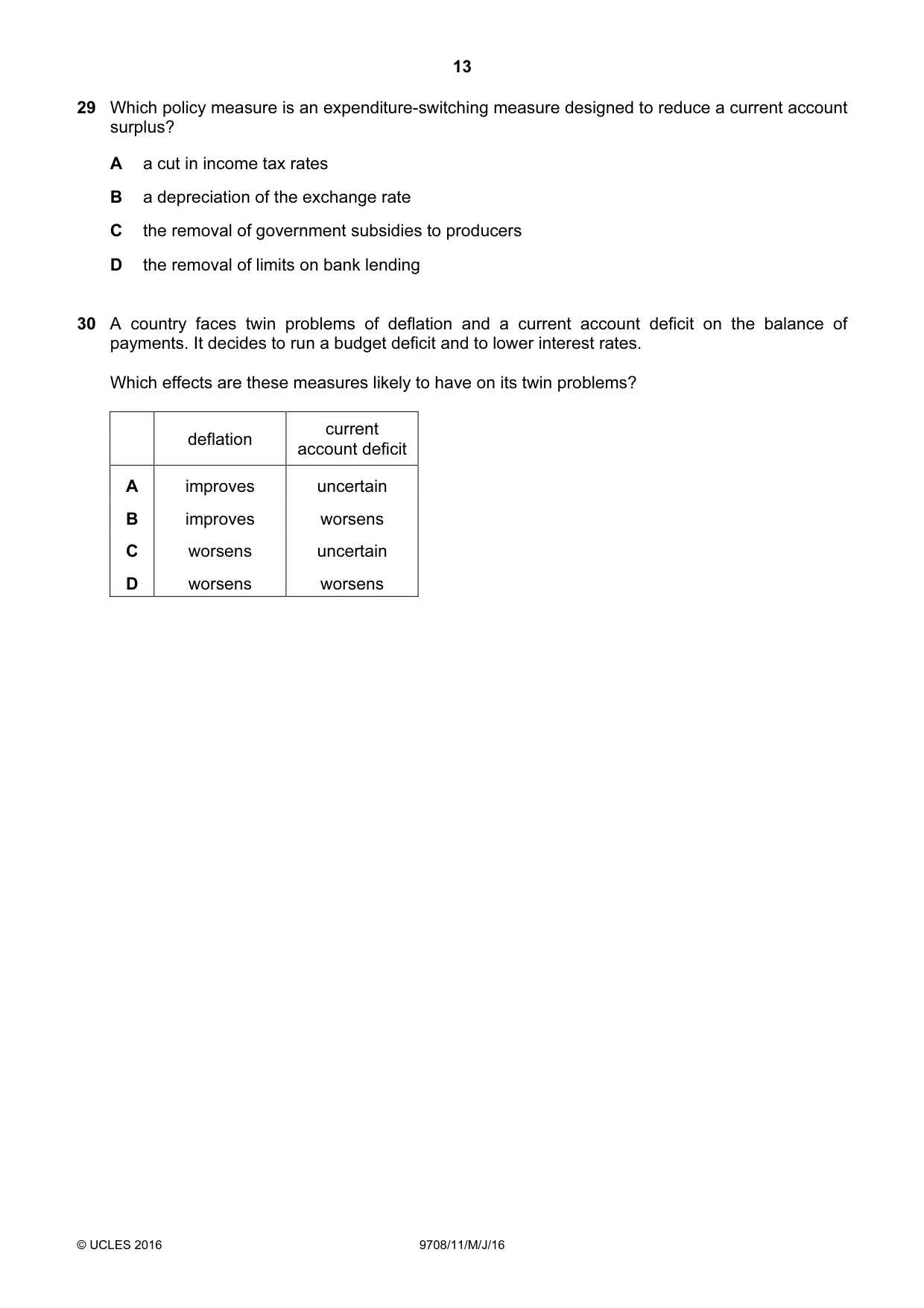 Cambridge A Level Economics 9708 2016 May/June Paper 1 · Variant 1 question paper, page 13 of 16