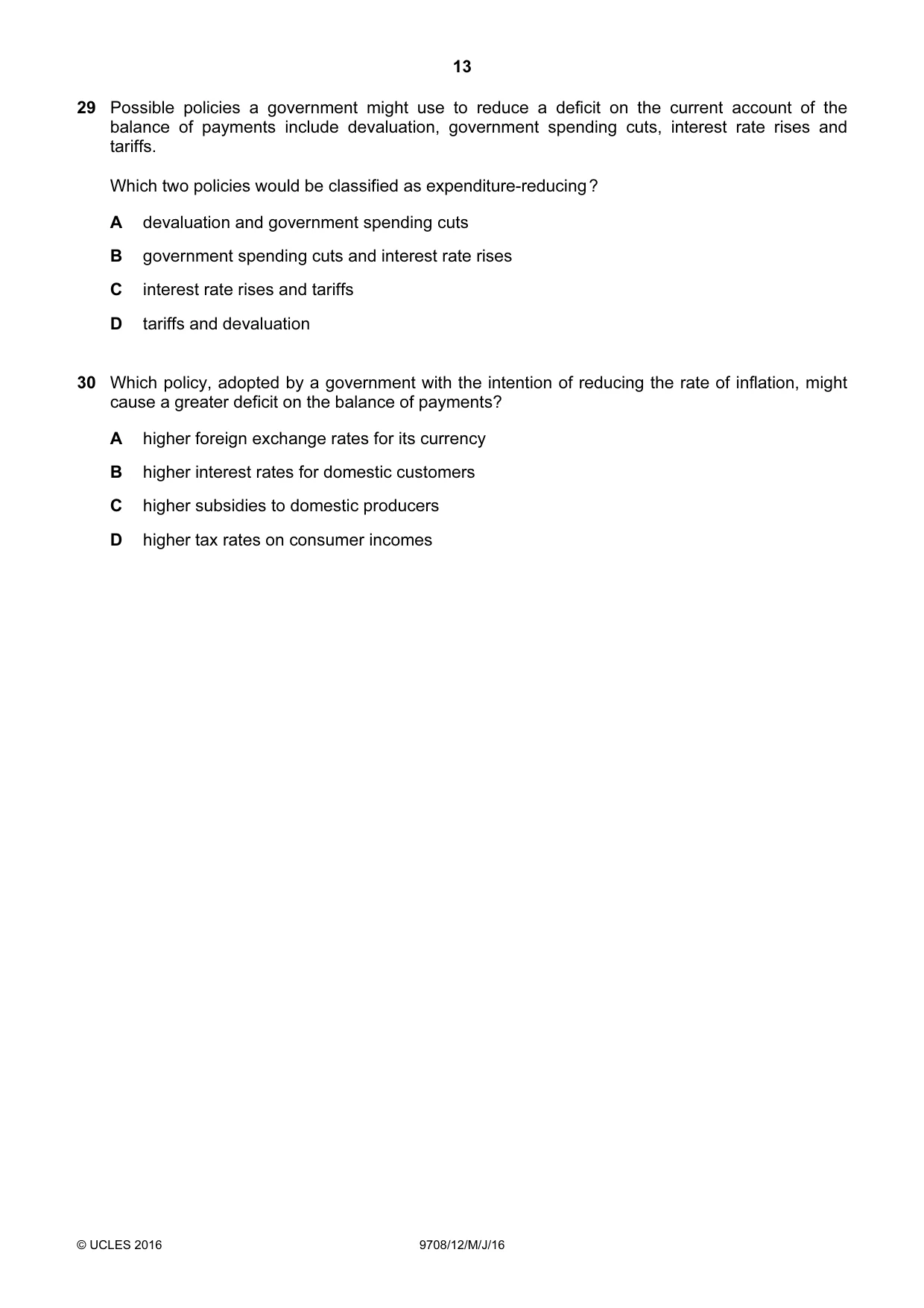 Cambridge A Level Economics 9708 2016 May/June Paper 1 · Variant 2 question paper, page 13 of 16