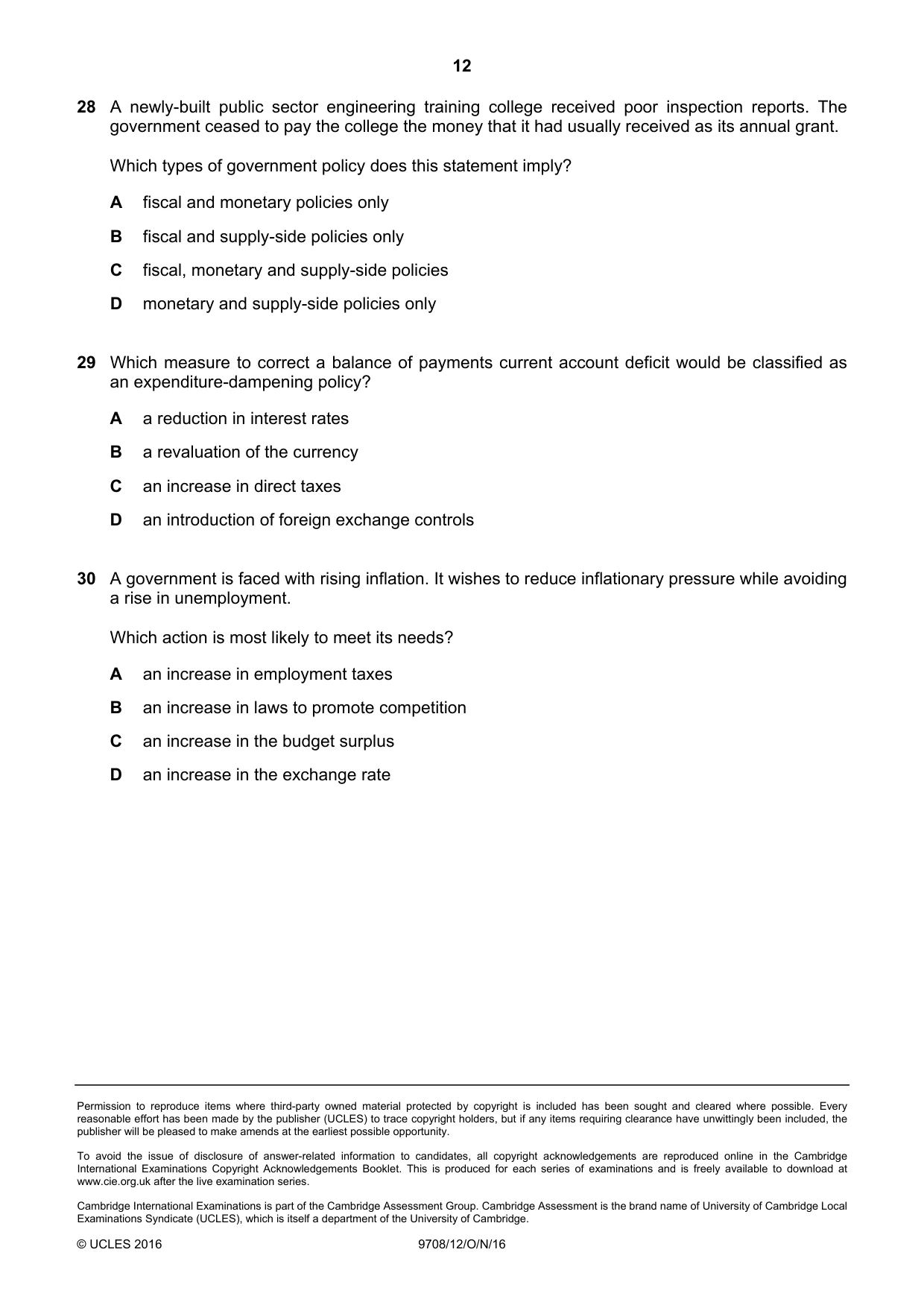 Cambridge A Level Economics 9708 2016 Oct/Nov Paper 1 · Variant 2 question paper, page 12 of 12