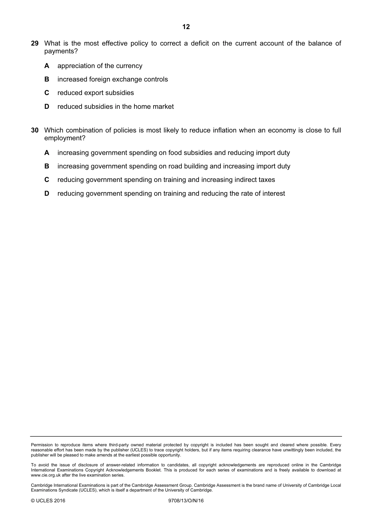Cambridge A Level Economics 9708 2016 Oct/Nov Paper 1 · Variant 3 question paper, page 12 of 12