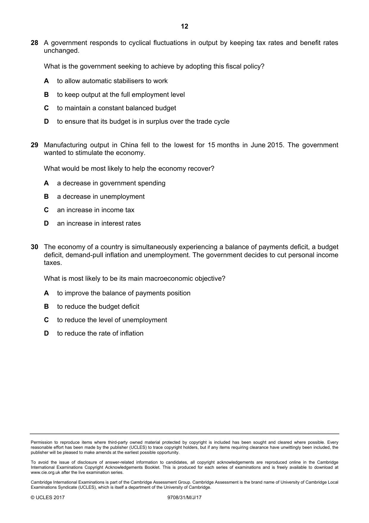 Cambridge A Level Economics 9708 2017 May/June Paper 3 · Variant 1 question paper, page 12 of 12