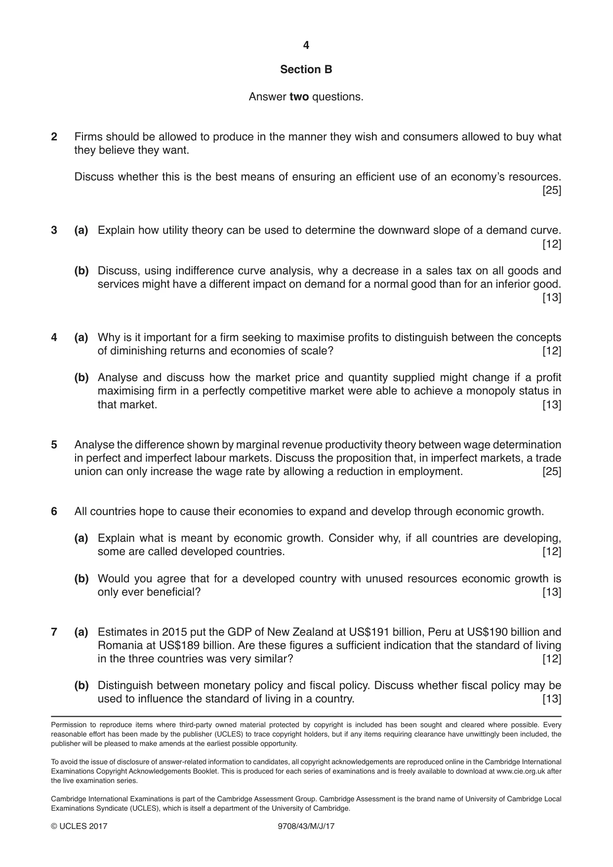 Cambridge A Level Economics 9708 2017 May/June Paper 4 · Variant 3 question paper, page 4 of 4