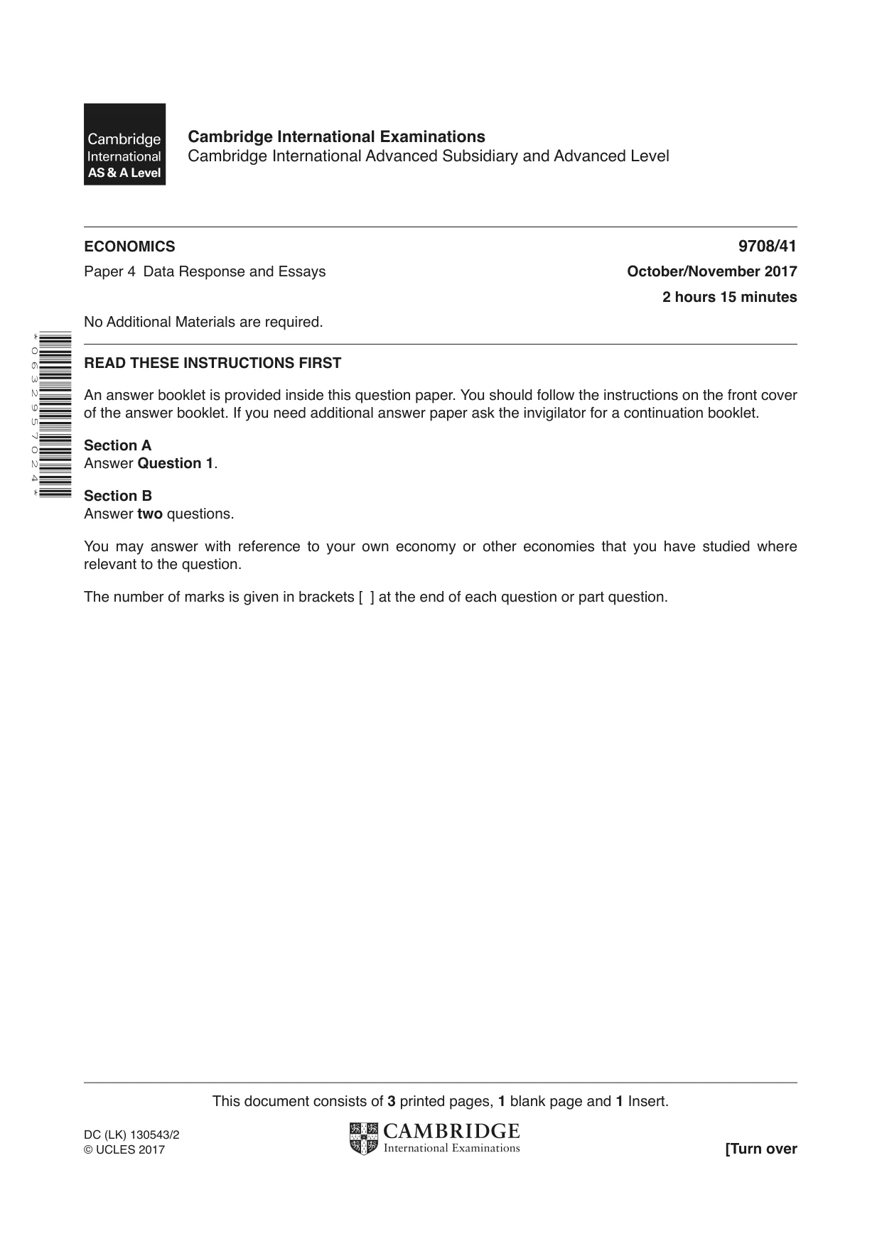 Cambridge A Level Economics 9708 2017 Oct/Nov Paper 4 · Variant 1 question paper, page 1 of 4