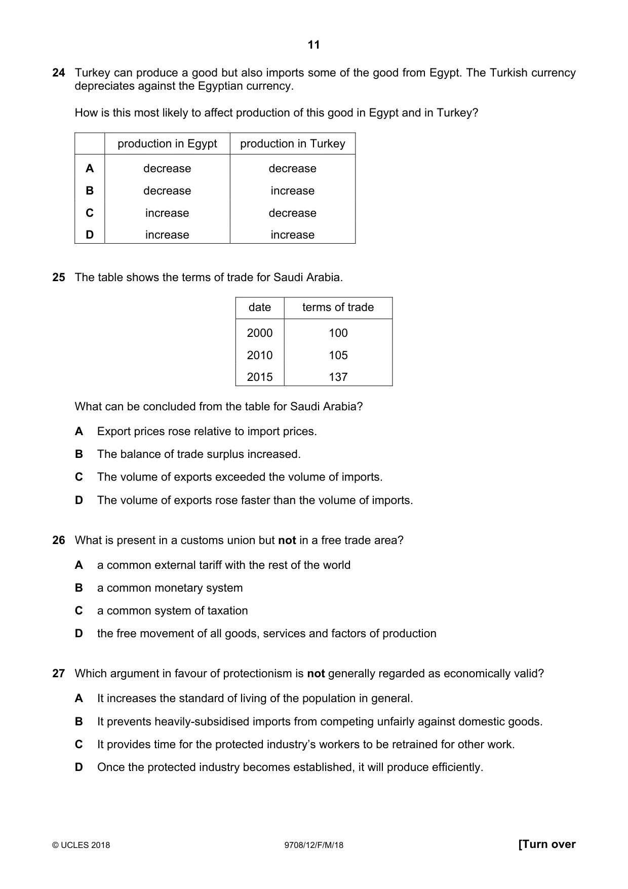 Cambridge A Level Economics 9708 2018 Feb/March Paper 1 · Variant 2 question paper, page 11 of 12
