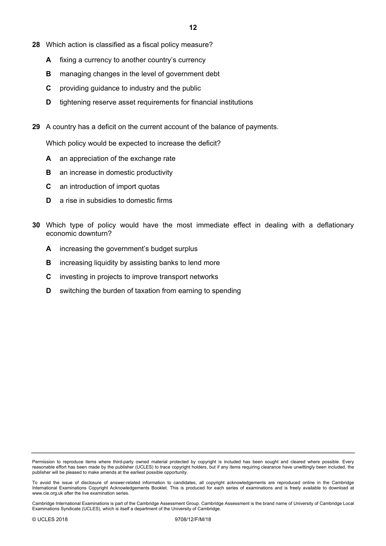 Cambridge A Level Economics 9708 2018 Feb/March Paper 1 · Variant 2 question paper, page 12 of 12